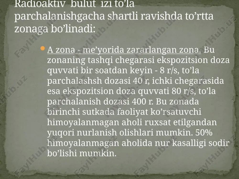 kiritiladi; - zararlanish (radioaktiv zarrachalar tushishi) boshlang’ich vaqti aniqlanadi. radiatsion vaziyatni baholash ma’lum tartibda o’tkaziladi: radioaktiv moddalarning tushish vaqti (radioaktiv bulut kelish vaqti) formulada aniqlanadi: tushish = r/v bunda: r-portlash markazidan egallangan hududgacha bshlgan masofa, km; v- o’rtacha shamol tezligi,km/s. radioaktiv moddalar tushgandan keyin haqiqiy radiatsion vaziyat hosil bo’ladi. radiatsion holatni bu usulda baholashda quyidagi boshlang’ich ma’lumotlar zarur: fmtx obyektlarida, harakat yo’nalishida yoki tuzilmalar va muassasalar joylashish (dam olish) tumanlarida radioaktiv zararlanishni vujudga keltirganyadro portlashi vaqti; fuqaro muhofazasi obyektida, harakat yo’nalishida, tuzilmalarining joylashish tumanlarida, obyektdaionlovchi nurlanishningdoza quvvatlariva shu doza quvvatilarini yadro portlashidan keyingi o’lchangan vaqt; ) pana joylar va transport vositalari tomonidanionlashtiruvchi nurlanish dozasi quvvatini kuchsizlantirish koeffitsientlarining ko’rsatgichlari. -kartada (chizmada) radiatsiya doza quvvatini o’lchash nuqtalari belgilanadi; -hamma nuqtalarda o’lchangan radiatsiya doza quvvati ko’rsatgichlarini 3-chi jadval bo’yicha yadro portlashidan bir soatdan keyingi doza quvvatiga olib kelinadi va olingan natija o’lchash nuqtasining yonida ko’k rangda yozib qo’yiladi; - o’lchash nuqtalaridagi portlashdan bir …