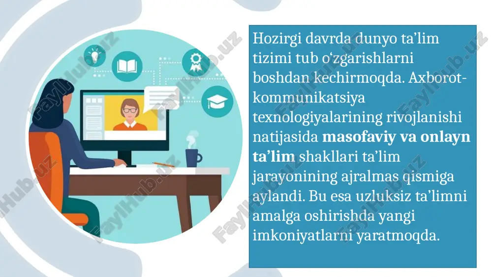 di. bu tizim orqali: ish joyini tark etmasdan bilim olish mumkin, nogironligi bo‘lgan shaxslar uchun qulaylik yaratiladi, ta’limning ochiqligi va uzluksizligi ta’minlanadi. masofaviy ta’limda qo‘llaniladigan platformalar moodle – o‘quv materiallarini joylashtirish va baholash tizimi. google classroom – darslarni tashkil etish va topshiriqlarni nazorat qilish imkonini beradi. ispring learn – interaktiv kurslar, testlar va video darslar yaratish imkoniyati. coursera, edx, udemy – xalqaro onlayn ta’lim platformalari. 9 masofaviy ta’limning afzalliklari ta’limning qulayligi va moslashuvchanligi vaqt va mablag‘ tejalishi keng axborot manbalariga kirish imkoniyati talabaning mustaqil ishlash ko‘nikmalarini rivojlantiradi shaxsiy ta’lim trayektoriyasini yaratish imkonini beradi 10 masofaviy ta’limning kamchiliklari texnik vositalar va internet tarmog‘iga bog‘liqlik yuzma-yuz muloqotning cheklanganligi motivatsiya pasayishi xavfi o‘qituvchi va o‘quvchi nazoratining murakkablashuvi 11 covid-19 pandemiyasi butun dunyoda masofaviy ta’limning ahamiyatini oshirdi. shu davrda o‘zbekistonda “online maktab” loyihasi, ziyonet, edumarket, eduon kabi platformalar faoliyatini kengaytirdi. bu tajriba onlayn ta’limning uzluksiz ta’limdagi o‘rni naqadar muhimligini ko‘rsatdi. 12 masofaviy ta’limning innovatsion …