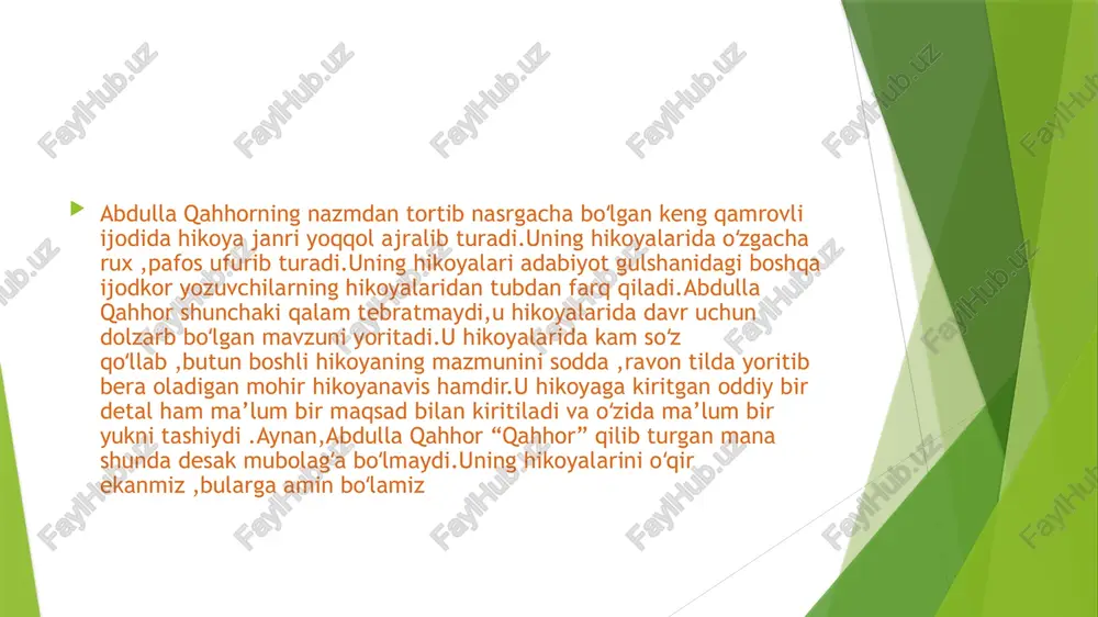 osh qahramonlari – faxriddin hamda toshmurod oʻz shaxsiy fikriga ega boʻlmagan ,savodsiz,otaning koʻmagiga tayanib qolgan ,erka ,tanti obrazlar sifatida gavdalanadi asar yakunida har ikkala qahramonning ham hayoti havas qilarli darajada yakun topmaydi.abdulla qahhor bu hikoyasi orqali oʻz davridagi savodsiz,omi xalqning fojiaviy ahvoli birgina faxriddin orqali beradi.bundan tashqari,bu hikoyasi orqali oʻsha davrdagi ayollarning erki oʻzi qoʻlida boʻlmaganligini asardagi mehri obrazi orqali koʻrishimiz mumkin .asarda mehrining oʻgay otasi qistovi bilan oʻzining oʻgʻay akasi faxriddinga majburlab turmushga berilishi holatlariga guvoh boʻlamiz. asarda faxriddin hech qanday mustaqil fikrga ega boʻlmagan ,hatto shaxsiy hayotda ham otasining aqliga tayangan ,jilovini qaysi tomonga bursa oʻsha tomonga yuradigan “manqurt” obraz sifatida gavdalanadi.bu obraz oʻzida majoziy yukni ham tashigan ,ya’ni oʻzbek xalqining qullikdagi ahvoli ,rossiya davlatlariga qaramligi,yagona bir fikrga ,yagona davlatga ega emasligiga ham ishoradir. ijodkorning yana bir qizib bahs va munozaralarga sabab boʻlgan “ anor” nomli hikoyasida jamiyat keltirib chiqargan , ijtimoiy qashshoqlik va uning oqibatlari haqida yozadi.bu …