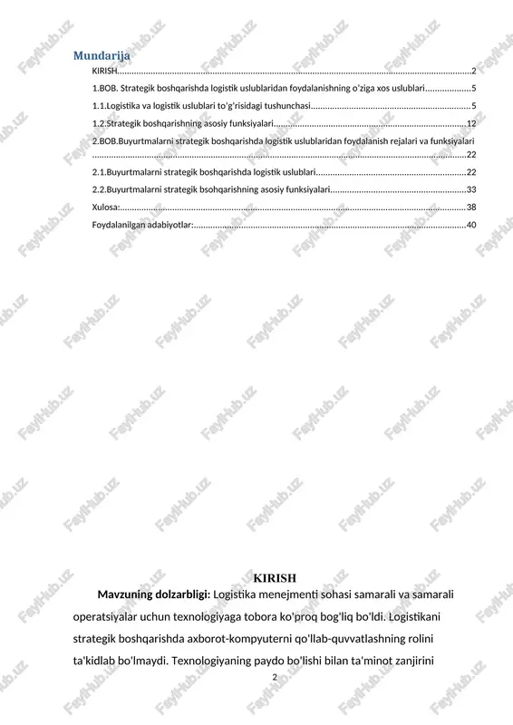 rdamida kompaniyalar eng samarali transport usullarini, inventar darajalarini va omborlarni joylashtirishni aniqlashlari mumkin. shuningdek, sun'iy intellektdan (ai) foydalanadigan kompyuterga asoslangan tizimlar turli qarorlarning ta'sirini sinab ko'rish uchun gipotetik stsenariylarni simulyatsiya qilishi mumkin, bu esa yaxshiroq ma'lumotga ega tanlovlarga olib keladi. bularning barchasi logistika boshqaruvining turli funktsiyalarini birlashtirishga yordam beradi va keyinchalik tashkilotning umumiy samaradorligini oshiradi. demak, logistikani strategik boshqarishda axborot-kompyuter ta'minotining ahamiyatini oshirib bo'lmaydi. kurs ishining obyekti: logistika - bu tovarlar yoki xizmatlar oqimini kelib chiqish joyidan iste'mol nuqtasiga qadar boshqarish jarayoni. u tovarlar harakatini rejalashtirish, amalga oshirish va nazorat qilishni, shuningdek, ushbu tovarlarni saqlash va tashishni o'z ichiga oladi. bundan tashqari, logistika inventarizatsiya darajasini boshqarish, etkazib beruvchilar va mijozlar bilan muvofiqlashtirish va mahsulotlarni o'z vaqtida etkazib berishni ta'minlashni o'z ichiga oladi. boshqa tomondan, strategik menejment deganda tashkilotning resurslari, imkoniyatlari va tashqi muhitni hisobga olgan holda uning uzoq muddatli maqsad va vazifalarini shakllantirish, amalga oshirish va baholash jarayoni tushuniladi. samarali …