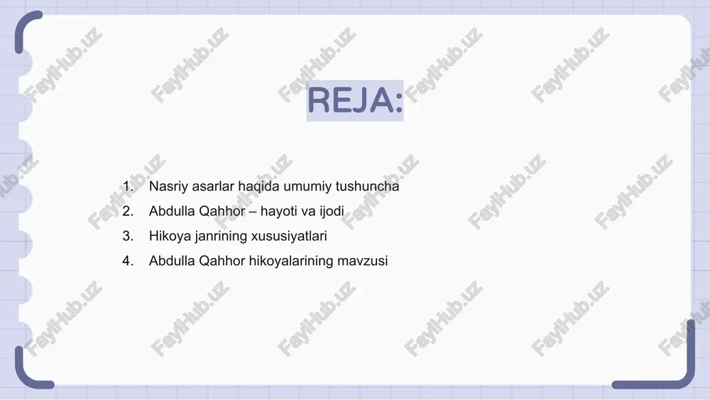 ur xulosa chiqarish imkoniyati beriladi, bu esa uning badiiy mahorati va mavzular boyligidan dalolat beradi. asarlarda tasvir va badiiy vositalar abdulla qahhor hikoyalari o'zbek nasriy adabiyotining yorqin namunalaridan hisoblanadi. u asarlarda hayotiy tasvirlar va chuqur badiiy g'oyalarni yoritadi. hikoyalarda ishlatilgan metafora, personifikatsiya kabi badiiy vositalar obrazlarni jonlantiradi. qahhor tasvirlari o'quvchini voqelikni tuyg'u bilan qabul qilishga undaydi. muallif jamiyatdagi muammolarni oddiy insonlar hayoti orqali ko'rsatadi. badiiy vositalar matnda chuqur ma'no va emotsional ta'sir uyg'otadi, bu esa asarni yuksaltiradi. qahhor hikoyalarida obrazlar tahlili abdulla qahhor hikoyalari o‘zbek nasriy adabiyotining durdonalaridan hisoblanadi. asarlarida hayotiy voqealar, odamlarning ruhi va ichki dunyosi aks etgan. qahhor obrazlar tahlilida chuqur psixologik yondashuvni qo‘llagan. ular orqali jamiyatdagi muammolar va shaxsiy kechinmalar yoritib beriladi, bu esa asarlarni boyitadi. yozuvchining hikoyalarida realistik uslubda yaratilgan obrazlar o‘quvchini o‘yga soladi. bunday obrazlar hayotiyligi orqali o‘quvchi bilan kuchli aloqa hosil qiladi. 1 2 3 o‘quvchilarda tahlil ko‘nikmalarini shakllantirish nasriy asarlar bilan ishlash o‘quvchilarning …