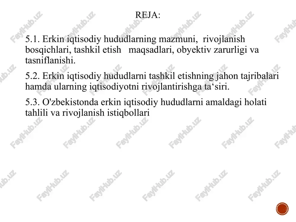 ishida eihga quyidagicha ta’rif bergan: «erkin iqtisodiy zona – mamlakat (yoki mamlakatlar) hududdining muayyan ijtimoiy, iqtisodiy, texnologik vazifalarni hal etish maqsadida barpo etiladigan, maxsus ma’muriy boshqaruvga va xo’jalik yurituvchi sub’ektlarning imtiyozli rejimiga ega bo’lgan qismidir». eihga eng umumiy tavsif qilib shuni aytish mumkin, u shunday hududki, bu yerdagi rag’batlantirishlar, imtiyozlar (soliq, bojxona, ma’muriy), litsenziyalash, vizalarni rasmiylashtirish, bank faoliyatlari, mulkchilik munosabatlariga oid yengilliklar bu mamlakatning boshqa hududlarida amal qilmaydi. boshqacha qilib aytganda, u anklav, ya’ni bu bir mamlakat hududining yoki qismining har taraflama boshqa mamlakat yoki shu mamlakatning boshqa hududlari bilan o’ralishidir. bu hududda iqtisodiyotga davlatning aralashuvi ma’lum bir darajada chegaralanadi. bu hududda mamlakatning boshqa xududlarida amal qilinmaydigan ma’lum imtiyozlar beriladi. o'zbekistonda birinchi eiz 2008 yilda tashkil etilgan, bugungi kunda ularning soni mamlakatning 13 mintaqasida 21 tani tashkil etmoqda kichik sanoat zonalari 149 tani tashkil qilmoqda. erkin iqtisodiy zonalar faoliyatining 2020 yil 1 oktyabr holatiga yakunlari bo’yicha 30615 ta ish joylari …