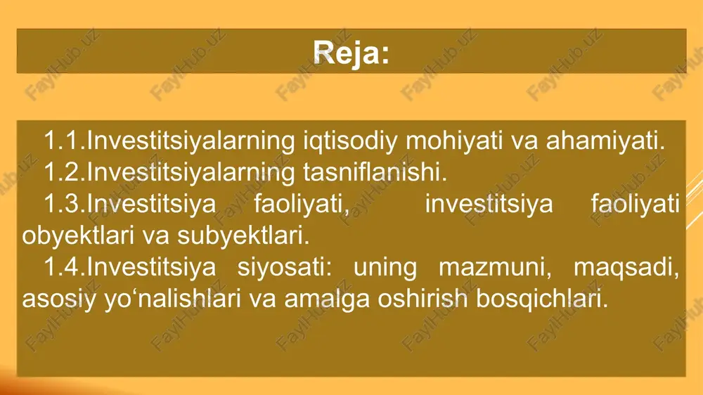 h. haydarov “investitsiya – bu mulk shaklidan qatʼiy nazar, tadbirkorlik asosida faoliyat koʼrsatayotgan jismoniy va yuridik shaxslar yoki davlatning iqtisodiy va ijtimoiy samara olish maqsadida oʼz boyliklarini qonun doirasida boʼlgan har qanday tadbirkorlik obʼektiga sarflashidir”. u.sharp “investitsiya – bu istiqbolda yanada koʼproq miqdordagi mablagʼ olish uchun maʼlum miqdordagi pul bilan bugun ajralishdir”. oʼzbekiston respublikasining 2019-yil 25-dekabrdagi «investitsiyalar va investitsiya faoliyati toʼgʼrisida»gi qonuni “investitsiyalar — investor tomonidan foyda olish maqsadida ijtimoiy soha, tadbirkorlik, ilmiy va boshqa faoliyat turlari obʼektlariga tavakkalchiliklar asosida kiritiladigan moddiy va nomoddiy boyliklar hamda ularga boʼlgan huquqlar, shu jumladan intellektual mulk obʼektlariga boʼlgan huquqlar, shuningdek reinvestitsiyalar” sifatida taʼriflanadi. shved iqtisodchi-olimi k.eklund «investitsiya – bu kelajakda ko‘proq iste‘mol qilish sharoitiga ega bo‘lish uchun ertangi kunga qoldirilgan narsa. uning bir qismi hozirda ishlatilmasdan zaxiraga qoldiriladigan iste‘mol buyumlari bo‘lib, boshqa qismi esa bu ishlab chiqarishni kengaytirishga yo‘naltirilgan resurslardir» professor a.neshitoy «investitsiya – bu foyda olish yoki boshqa samaralarga erishish maqsadida o‘z …