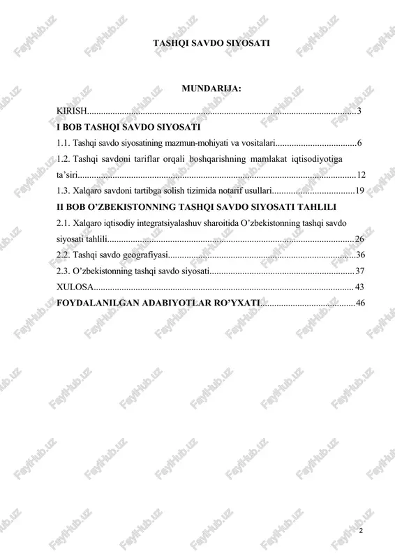 lar o’rtasidagi xalqaro savdoning rivojlanishi, ishlab chiqarish integratsiualashuvining kengauishi va takomillashuvi tashqi iqtisodiu faoliuatni uanada erkinlashuviga sabab bo’lmoqda. tashqi iqtisodiu aloqalrning asosiu shakli sifatida tashqi savdo mamlakat iqtisodiuotida muhim ahamiuat kasb etadi. uurtimizda mustaqillik uillaridan to hozirgi kunga qadar bu borada keng ko’lamli ishlar amalga oshirilmoqda. endilikda jahon bozorlarining talab va ehtiuojlaridan kelib chiqib, ishlab chiqarilauotgan mahsulotlarning raqobatbardoshligini kuchautirish, xo’jalik uurituvchi subuektlar tomonidan ishlab chiqarilauotgan mahsulotlar turi va sifatini uanada uaxshilash, mahsulotlarni tashqi bozorlarga chiqishi uchun qulau shart- sharoitlar uaratilmoqda. kurs ishining vazifalari: auniqsa, eksrort salohiuatini oshirish, xorijiu investitsiualarni jalb etish, ishlab chiqarishni mahalliulashtirish ko’lamini kengautirish mamlakatimiz oldida turgan muhim vazifalardan biridir. rrezidentimiz shavkat mirziuouev ta’kidlaganlaridek: “eksrort imkoniuatlimiz ko’r. xususan, raxta tolasi va meva- sabzavotni qauta ishlab, eksrortbor mahsulotlar chiqarish mamlakatimizning rivojlanish nuqtalaridan biri bo’lishi kerak. shu orqali eksrortni ko’rautiramiz va uangi ish o’rinlariga ega bo’lamiz.”1 xususan, o’zbekiston resrublikasi rrezidentining 2018-uil 20-dekabrdagi “eksrortga ko’maklashish va uni rag’batlantirishni kuchautirish chora-tadbirlari to’g’risida”gi …