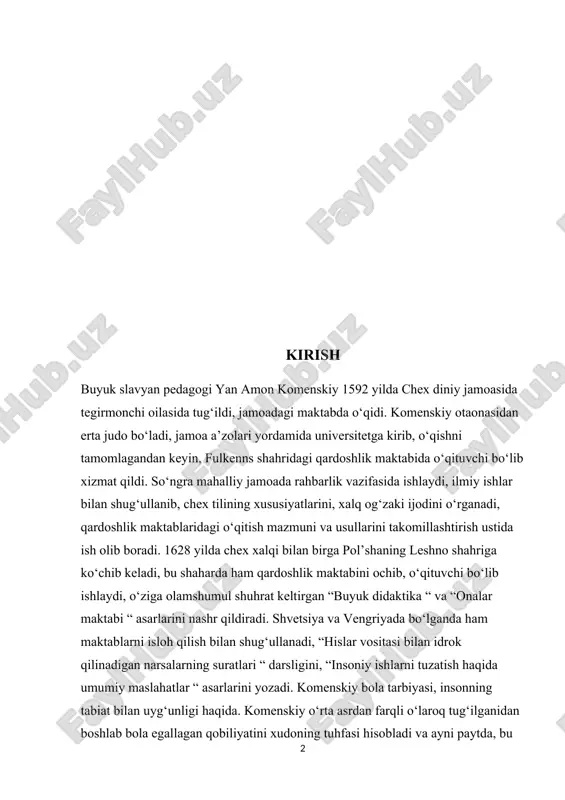 tirish mumkin degan fikrni bildirdi, bolani yoshlik chog‘idan jismonan sog‘lom, ma’naviyatli qilib tarbiyalashni talab qildi. komenskiy o‘z pedagogik qarashlarida insonni tabiatni bir qismi deb hisobladi va tabiatdagi barcha mavjudodni yagona bir qonunga bo‘ysunadi, degan g‘oyani olg‘a suradi. uning fikricha, ta’limni, bolalarni narsa va mavjudodlar bilan tanishtirishdan, ularni idrok qildirishdan boshlash, undan keyin ularga xos xususiyatlarni o‘rganishga o‘tish zarur. yangi talablarga javob beruvchi zamonaviy, islohlashgan maktabgacha ta’lim muassasasi tarbiyachisining yuksak bilim va kasbiy mahoratga ega bo‘lishi talab etiladi. nag bir ota-ona o‘z farzandini eng bilimdon, yuksak ma’rifatli, mahoratli, ijodkor tarbiyachi tarbiyasiga berishni istaydi. maktabgacha ta’lim pedagogikasi bo‘lajak tarbiyachilarga talabalik davridan boshlab, maktabgacha ta’linming asl mohiyati bola va tarbiyachining hamkorlik faouyati ekanligini, bola tarbiyasining maqsadini, bola ruhiyatini rivojlantirish qoidalariga amal qilishni o‘rgatadi. 0 ‘z kasbining mohir ustasi bo‘lish uchun tarbiyachi maktabgacha ta’lim pedagogikasi fanini chuqur egallashi lozim. maktabgacha ta’lim pedagogikasi o‘quv-tarbiya faoliyatini tashkil qilish vosita va usullarini o‘quv-tarbiya jarayonida kelib chiqadigan muammolar …