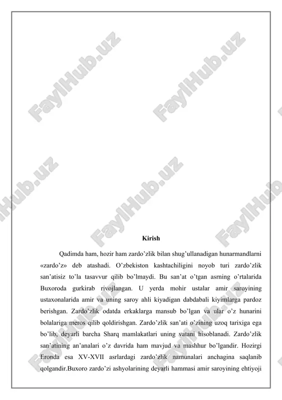 lvar, poyabzallar, ayollarning ko’ylak, kamzul kaltacha, peshanaband, ro’mol, etik va tuflilari tikilgan.mustaqillikka erishgan kunimizdan boshlab davlatimizning butun siyosati o’zligimizni qayta tiklash va mustahkamlashga qaratildi. ayniqsa, mamlakatimiz ertasi bo’lgan yoshlarimizda bunday muqaddas his-tuyg’uni shakllantirishda ona tilimiz, ana’analarimiz va urf-odatlarimiz bilan birga milliy xunarmandchiligimiz ham muhim o’rin tutadi.1997-yil 31 martda o’zbekiston respulikasi prezidentining «xalq badiiy xunarmandchiligi va amaliy san’atini yanada rivojlantirishni davlat yo’li bilan qo’llab-quvvatlash chora-tadbirlari to’g’risida»gi farmoni e’lon qilindi. mavzuning dolzarbligi va ahamiyati:farmonga asosan respublika «hunarmand» uyushmasi tashkil etildi va uning viloyatlarda hududiy bo’linmalari ochildi. bu uyushma va uning hududiy bo’linmalarini tashkil etishdan maqsad, uzoq yillar mobaynida unutilib ketgan xalq amaliy san’ti va xunarmandchiligini tiklash, o’zbek milliy amaliy san’ati va xunarmandchiligini butun dunyoga tanitish edi. zardo’zlik — qiziqarli va ijodiy ish bo’lib, u insonga ko’p quvonch keltirishi, bo’sh vaqtida ermak bo’lishi, insonni nafosat olamiga olib kirishi mumkin. zar tikish usullarini o’zlashtirayotganda hamma narsa birdaniga yaxshi chiqmasligi mumkin, chunki zardo’zlik sabr-toqatli, e’tiborli, …