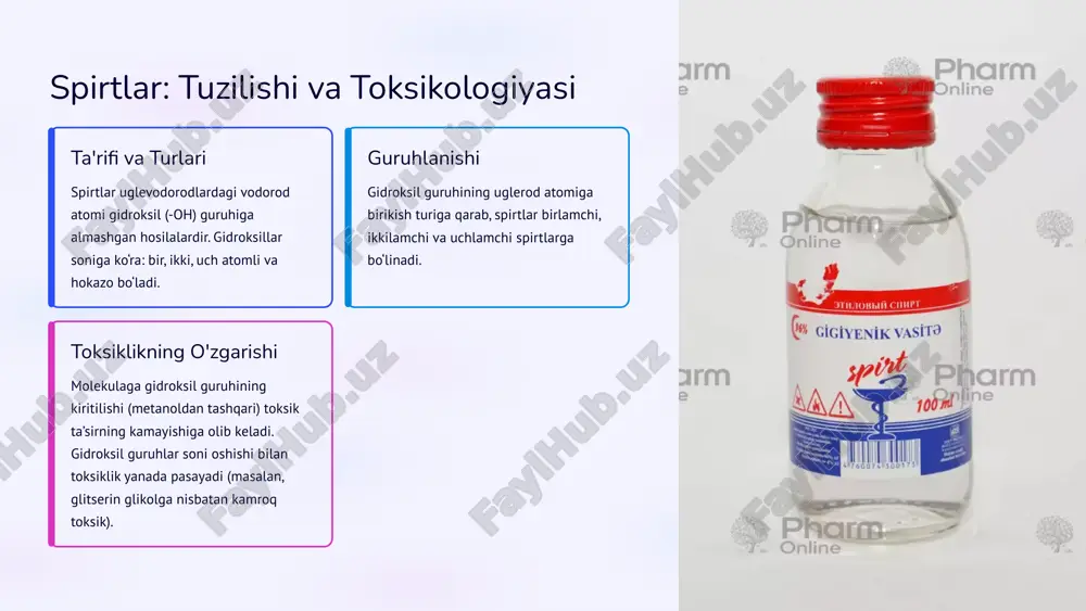 ga farmakopeya tomonidan katta talablar qo‘yilgan. uni aniqlashda asosan ikkita muhim kimyoviy reaksiyadan foydalaniladi. etilatsetat efiri hosil qilish reaksiyasi etil spirtini konsentrlangan sulfat kislota ishtirokida sirka kislota ta’sirida qizdirish orqali meva hidini eslatuvchi etilatsetat efiri hosil qilinadi. yodoform hosil bo‘lish reaksiyasi etil spirtiga natriy gidroksid va yod eritmasi qo‘shilganda o‘ziga xos yodoform hidi keladi va sekin-asta sariq cho‘kma (chi₃) hosil bo‘ladi. yodoform reaksiyasi etil spirti molekulasida metilkarbinol (ch₃-ch(oh)-) guruhining mavjudligini tasdiqlaydi. 4 etil spirtidagi begona moddalarni aniqalash farmakopeya talablariga ko‘ra, spirt tarkibida xlorid, sulfat, og‘ir metall ionlari, shuningdek, aldegid, metanol, furfurol va sivuxa moyi kabi yot moddalar mavjudligi tekshiriladi. furfurol metanol aldegid aldegidlarni aniqalash kumush ko‘zgu reaksiyasi yordamida aniqlanadi. aldegid bor bo‘lsa, kumush nitratning ammiakdagi eritmasi ta’sirida loyqa yoki cho‘kma hosil bo‘ladi. metanolni aniqalash dastlab kaliy permanganat bilan oksidlanib formaldegidga o‘tkaziladi. keyin xromotrop kislotaning dinatriyli tuzi qo‘shilganda, eritmaning binafsha rangga bo‘yalishi metanol aralashganligini bildiradi. 5 aldegidlar: farmatsevtik preparatlar va xossalari …