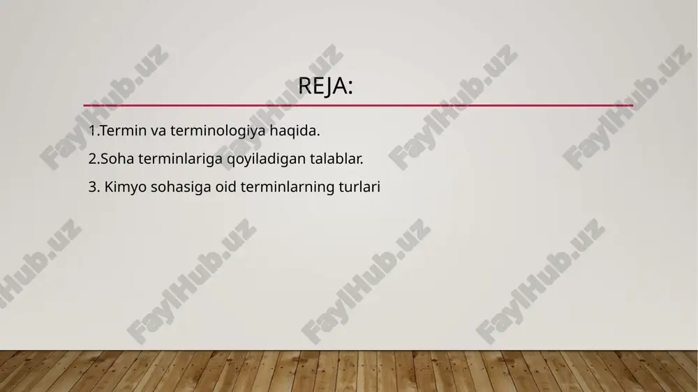 rdan olingan so’zlar, shuningdek, internatsional termin-so’zlar asosida qurilgan bo’lishi, mazkur xalq tilidagi va so’z yasash, grammatika qoidalariga to’la mos bo’ladi. shundagina terminlar tushunarli, hayotiy va barqaror bo’ladi. ona tili normalarining buzilishi terminlarning tushunarli bo’lmay qolishiga olib keladi. 2. aniqlik- termin ta’riflayotgan harakat yoki tushunchaning mohiyati haqida ochiq-oydin tasavvur beradigon bo’lishi kerak. terminning aniqligi mashq haqida to’g’ri tasavvur hosil qilish uchun katta ahamiyatga ega bo’lib, u mashqni tezroq o’rganib olishga yordam beradi. 3. qisqalik-terminlar qisqa, talaffuz etishga qulay bo’lishi kerak. mashqlarga nom berish va ularni yozishni yengillashtradigan qisqartiruv qoidalari ham shunga xizmat qilishi darkor. kimyo sohasiga oid terminlarning turlari. kimyo terminlarini ularning mazmuniga ko‘ra bir necha guruhga bo‘lish mumkin: a) umumiy kimyoviy terminlar modda, atom, molekula, element, birikma, reaksiya, energiya, valentlik. b) anorganik kimyo terminlari kislota, asos, tuz, oksid, ion, elektrolit, ph, metall, nometall. c) organik kimyo terminlari alkan, alken, spirt, efir, kislota, polimer, ester, uglevodorod. d) amaliy va laboratoriya terminlari …