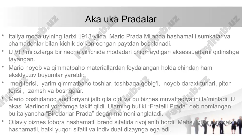 an oʻzgartirib yubordi, bu unga nafaqat turgʻun qolishga, balki eng yirik va nufuzli moda uylaridan biriga aylanishga imkon berdi. mariya prada prada kinoda va sahnada hammasi “romeo+julyetta” filmidagi rolini leonardo di kaprio ijro etgan romeo uchun libos yaratishdan boshlandi. 2006 yilda "iblis prada kiyadi" filmi chiqdi va bosh qahramon brendning to'plamlarida tez-tez paydo bo'ldi. yana bir muhim loyiha "buyuk getsbi" filmi uchun liboslar yaratish edi. ushbu hamkorlik doirasida 40 ta kiyim-kechak tayyorlandi. miuccia ilhomni nafaqat fitsjerald asarlaridan, balki eski kolleksiyalardan ham izlaganini aytdi. keyin ular nyu-yorkdagi butikda namoyish etildi. 2014-yilda kompaniya “grand budapest mehmonxonasi” filmi uchun chamadonlar to‘plamini ishlab chiqarish taklifini oldi. barcha modellar o'sha davr ruhida tortmalar bilan to'ldirildi. eng katta hamkorliklar 2012 yilda rassom vuhram muratyan brend uchun bosma futbolkalar kolleksiyasini yaratdi. ularda bu yilgi kolleksiyadan joy olgan kiyim-kechak, poyabzal va aksessuarlar namoyish etildi. 2013 yilda nyu-yorkdagi dover street market do'konining ochilishini nishonlash uchun 12 qismdan iborat to'plam …