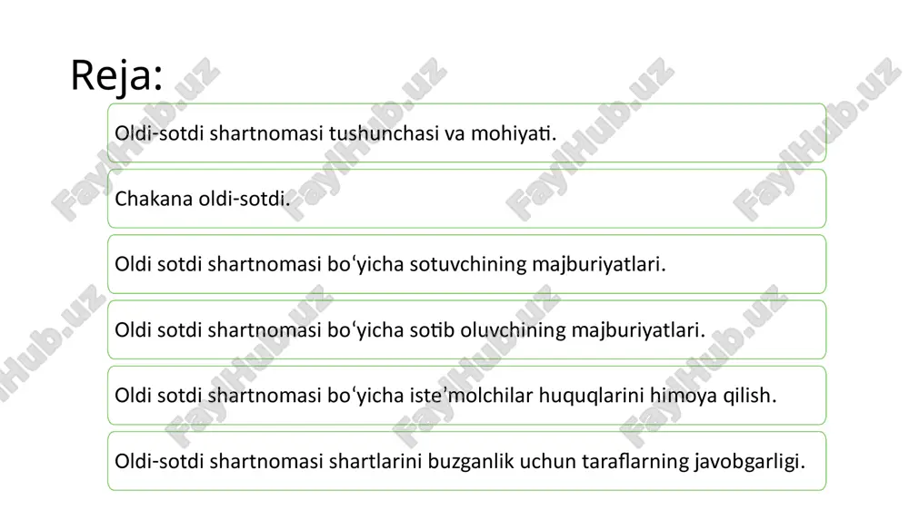ri orqali ham isbotlanishi mumkin. oldi-sotdi shartnomasining tuzilishi masalalari hal etilgan oldi-sotdi shartnomasining shakli fuqarolik muomalasining talablari oldi-sotdi bitimlari qonuniyligining ustidan nazorat qilish shartnoma tuzish qoidalariga rioya qilish agarda oldi-sotdi shartnomasini amalga oshirishda haq to’lash va sotilgan tovarni topshirish bir vaqtning o’zida, sotuvchi va xari­dor tomonidan muqobil ijro etilmasa, masalan, tovar haqini ol­dindan to’lash, nasiyaga tovar sotish, tovar haqini bo’lib-bo’lib to’lash (fkning 420-422-moddalari) hollarida shartnoma yozma ravishda tu­zilishi maqsadga muvofiq yoxud bunday hollarda tegishli harakat­larning sodir etilganligi (masalan, pul oldindan to’langanligi, tovar nasiyaga sotilgani) fakti chek, jeton, tilxat orqali guvohlan­tirilishi lozim. bu esa kelgusida taraflar o’rtasida nizolar kelib chiqishining oldini oladi yoxud bunday nizolarning adolatli hal etilishiga xizmat kiladi. taraflar sotuvchi xaridor ishtirokchi sifatida: fuqarolar yuridik shaxslar oldi-sotdi shartnomasining predmeti, bahosi va muddatlari qonun oldi-sotdi shartnomasi predmeti: ashyolar va­lyuta qiymatliklari qimmatli qog’ozlar bilan birga mulkiy huquq­lar majburiyat bilan bog’liq huquqlarni oldi-sotdi predmeti bo’lishi uchun quyidagilar talab etiladi: birinchidan, sotuvchining o’z-o’ziga …
