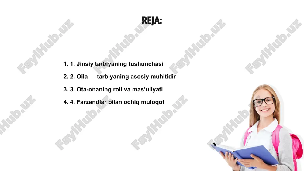 ochiq muloqot tarbiya samarasini oshiradi, farzandlar o‘zlarini qadrlangan his qiladi. bu esa ularning ma’naviy rivojlanishiga ijobiy ta’sir ko‘rsatadi. 5. jinsiy tarbiyaning ijtimoiy ahamiyati jinsiy tarbiya jamiyatda sog‘lom oilaviy munosabatlarning shakllanishida muhim rol o‘ynaydi. bu orqali axloqiy qadriyatlar va jamiyat mezonlari mustahkamlanadi. oiladagi jinsiy tarbiya yoshlarning to‘g‘ri axloqiy va jinsiy qarashlarini shakllantirishga yordam beradi, ijtimoiy muammolarni oldini olishga xizmat qiladi. jinsiy tarbiyaning ijtimoiy ahamiyati undagi edukativ rolida namoyon bo‘ladi, bu esa sog‘lom avlod tarbiyasida muhim o‘rin egallaydi. 6. yoshga mos yondashuvlar jinsiy tarbiya bolaning sog'lom rivojlanishi uchun muhim bo‘lib, oilada bu tarbiyani bosqichma-bosqich va yoshlarga mos tarzda berish lozim. oltinchi yoshga kelib bola aqliy jihatdan rivojlanadi, bu esa jinsiy tarbiyaga ehtiyotkorlik bilan, mehribonlik bilan yondashishni talab etadi. yoshga mos yondashuvlar oiladagi mehr-muhabbatga asoslanib, bolaning savollariga ochiq, tushunarli va soddalik bilan javob berishni taʼminlashi lozim. 01 03 02 7. zamonaviy axborot vositalarining ta’siri zamonaviy axborot vositalari o’smirlar hayotida katta rol o’ynaydi. ular …