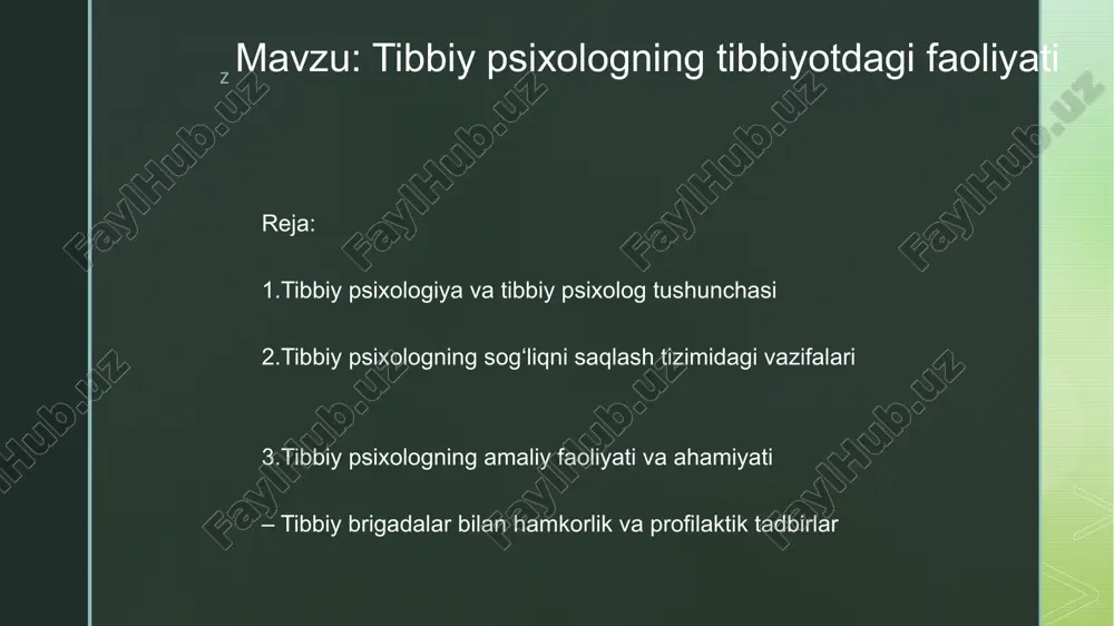 riqish sababli paydo bo‘ladigan kasalliklar) umumiy kasalliklar ichida 40–60% ni tashkil qiladi. o‘zbekistonda ruhiy sog‘liq muammolari bo‘yicha tibbiy yordamga murojaat qilganlar soni yil sayin ortmoqda. so‘nggi yillarda psixologik maslahat olish uchun murojaatlar soni 20% ga oshgan. klinik tadqiqotlarga ko‘ra, psixologik yordam olgan bemorlar sog‘ayish jarayonini 30% tezlashtiradi, ya’ni tibbiy psixolog ishtirokidagi davolash samaraliroq bo‘ladi. z z 2. tibbiy psixologning sog‘liqni saqlash tizimidagi vazifalari tibbiy psixolog sog‘liqni saqlash tizimida juda muhim rol o‘ynaydi. u nafaqat bemorlar bilan, balki shifokorlar, hamshira va boshqa tibbiy xodimlar bilan ham ishlaydi. ular psixologik salomatlikni saqlash orqali davolash samaradorligini oshiradi. asosiy vazifalari quyidagilar: 1. kasallikni aniqlash va davolashda yordam: – bemorning holatini chuqur tushunish, uning ruhiy muammolarini aniqlash. – tashxis qo‘yishda bemorning psixologik holatini hisobga olish. – davolanishga bo‘lgan ishonch va motivatsiyani oshirish. 2. reabilitatsiya (tiklanish) jarayonida: – jarrohlikdan so‘nggi ruhiy holatni nazorat qilish. – og‘ir kasalliklardan keyingi ruhiy tushkunlikni bartaraf etish. – nogironlikka moslashishda psixologik …