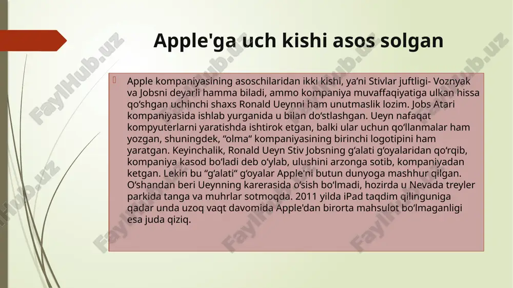 gan. kalkulyator o‘sha vaqtlarda mashinadan qimmatroq baholangan. shuningdek, o‘sha vaqtlarda har qanday kompyuter va hisoblash texnologiyalari juda qimmatga tushar, woz kabi dasturlashtiriladigan kalkulyator esa oltinga tenglashtirilar edi. shunday qilib, voznyak sotgan kalkulyator narxi 500 dollarni tashkil etgan (hozirgi qiymatda 2000 dollar atrofida). 2008yili kompaniya o’zining appstore ilovalar do’konini ishga tushurdi. shuningdek macbook air noutboogi va iphone 3g, smartfoni 2009-yil esa iphone 3gs smartfonlarini namoyish etdi. 2010yili kompaniya o’zining ipad nomli birinchi plansheti va iphone 4ni taqdim etadi. viskonsin universiteti talabasi joanna shibl 1955 yilda homilador bo‘ladi va o‘zining yigiti, suriyalik muhojir abdufatta jandali bilan birga bolani tashlab ketmoqchi bo‘lishadi, ammo oshiqlarning ota-onalari ularni bolani asrab olishga berishga majbur qilishadi. joanna shibl farzandining bo‘lajak ota-onasi oliy ma’lumotli bo‘lishini xohlaydi. vaholanki, bolani yuqori maktabdan chetlashtirilgan pol jobs va kollej talabasi klara jobslar asrab olishadi, chunki ular farzand ko‘ra olmas edilar. shibl va jandali esa bir qancha vaqt o‘tgach, turmush qurgan va monu …