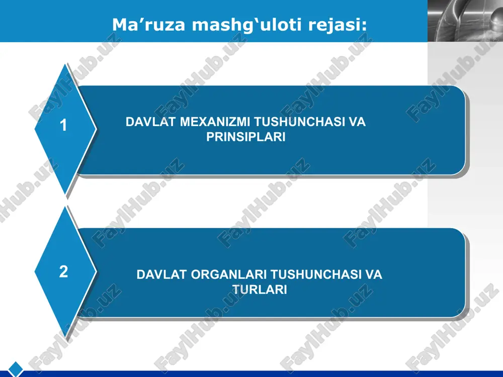 aratining mavjudligi boshqaruv faoliyati bilan shug‘ullanuvchi maxsus shaxslar guruhining mavjudligi hokimiyat vakolatlariga ega bo‘lgan davlat organlari ichki tuzilishining mavjudligi logo davlat apparati (davlat organlari tizimi) davlat mexanizmining asosini tashkil etadi davlat organlari davlat muassasalari davlat korxonalari «davlat mexanizmi» va «davlat apparati» tushunchalari aynan bir xil ma’noni anglatmaydi. davlat mexanizmi davlatning moddiy ifodasidir logo davlat apparatini faoliyati va uni tashkil etishning prinsiplari prinsiplar hokimiyatning taqsimlanishi inson va fuqorolar asosiy huquq va manfaatlarining ustuvorligi demokratizm oshkoralik qonuniylik iyerarxiya professionalizm kollegiallik va yakkaxokimlikni birgalikda olib borilishi saylanish va tayinlanishning uyg‘unligi demokratizm oshkoralik qonuniylik iyerarxiya professionalizm saylanish va tayinlanishning uyg‘unligi logo davlat organlarining turlari vakillik, ijroya, sud prokuratura va kontrol nazorat organlari ko‘ra huquq ijodkorligi, huquqni qo‘llash, huquqni muxofaza qilish organlari. markaziy va maxalliy organlar doimiy va vaqtincha organlar qonun chiqaruvchi, ijro etuvchi va sudlov organlari birlamchi va ikkilamchi organlar kollegial va yakka tartibda vakolatni amalga oshchiruvchi organlar logo davlatning majburlov aprarati davlat irodasini …