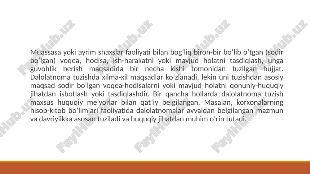 iy namuna asosida tuziladi. dalolatnomalar voqea-hodisalarni haqqoniy aks ettirish maqsadida bir necha shaxslar (muassasa rahbarining buyrug‘i bilan komissiyalar, doimiy komissiyalar) yoki maxsus vakolatli yakka shaxs (taftishchi, nazoratchi) tomonidan tuziladi. keyingi holatda va, umuman, dalolatnoma yakka shaxs tomonidan tuzilganda, guvohlarning ishtirok etishi va imzosi bo‘lmog‘i shart. ayrim hollarda dalolatnomalar voqea-hodisaning qatnashchilari yoki unga guvoh bo‘lgan kishilarning tashabbusi bilan ham tuziladi. 1. idora, muassasa va tarkibiy bo‘linma nomi. 2. tuzilgan sanasi va joyi. 3. tartib raqami va tasdiq belgisi (zarur hollarda). 4. matn sarlavhasi. 5. hujjat turi nomi (dalolatnoma). 6. hujjatni tuzish uchun asos (muassasa rahbarining buyrug‘i, idoraning qarori yoki ko‘rsatmasi kabilar). 7. komissiya tarkibi (raisi va a’zolar). 8. ishtirok etuvchilar (guvohlar). 9. dalolatnoma matni. 10. ilovalar (har bir ilovaning necha betligi ko‘rsatiladi). 11. tuzgan va ishtirok etganlarning imzolari. 12. ijro haqidagi belgi. dalolatnomaning zaruriy qismlari: har bir dalolatnomaning ushbu zaruriy tarkibiy qismlari qatoriga ayrim hollarda boshqa ma’lumotlarni ham qo‘shish mumkin. chunonchi, …