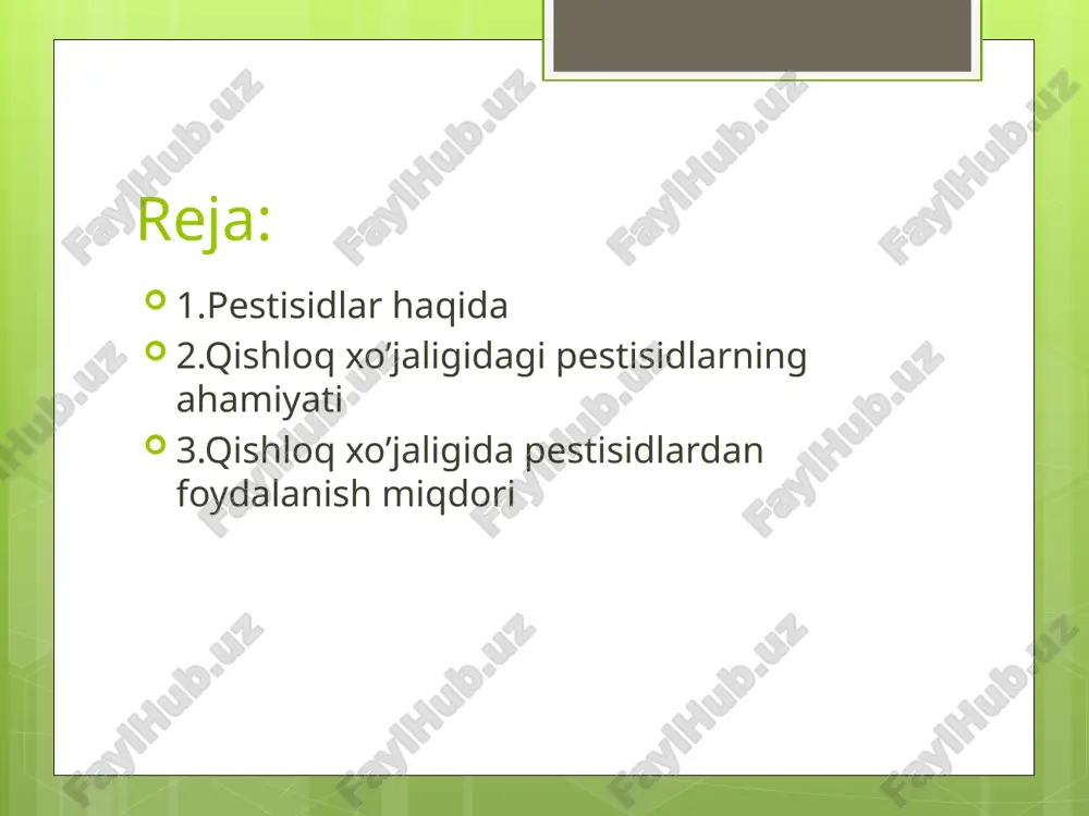 ta ko'rib chiqishni o'z ichiga oladi, bu ilgari tarqalgan ma'lumotlarga nisbatan 85 foizga kamaygan. qayta ko'rib chiqish oldingi ma'lumotlarga nisbatan dunyoda pestitsidlarning umumiy iste'molini 40 foizga qisqartirdi. bu mamlakatdan olingan yangi ma'lumotlarning natijasi bo'lib, oldingi ko'rsatkichlar faoga faol moddalar bo'yicha emas, balki umumiy shakllangan mahsulotlar bo'yicha xabar qilinganligini aniqlaydi. . global miqyosda qishloq xo‘jaligida jami pestitsidlardan foydalanish 2020 yilda barqaror bo‘lib, 2,7 million tonna (mt) faol moddalarni tashkil qildi. butun dunyo bo'ylab pestitsidlarni ekin maydonlari uchun qo'llash 1,8 kg / ga tashkil etdi. aholi jon boshiga va qishloq xo'jaligi mahsulotlari qiymatiga qarab, pestitsidlarni qo'llash mos ravishda 0,69 kg / 1000 i$ va 0,37 kg / kishini tashkil etdi. 2020-yilda pestitsidlarning umumiy savdosi taxminan 7,2 million tonna ishlab chiqarilgan mahsulotlarga yetdi va qiymati 41,1 milliard dollarni tashkil etdi. . so'nggi yillarda erishilgan platoga qaramasdan, pestitsidlarning o'rtacha umumiy qo'llanilishi so'nggi o'n yillikda 1990 yillarga nisbatan qariyb 5{15}} foizga oshdi, ekin maydonlari uchun …