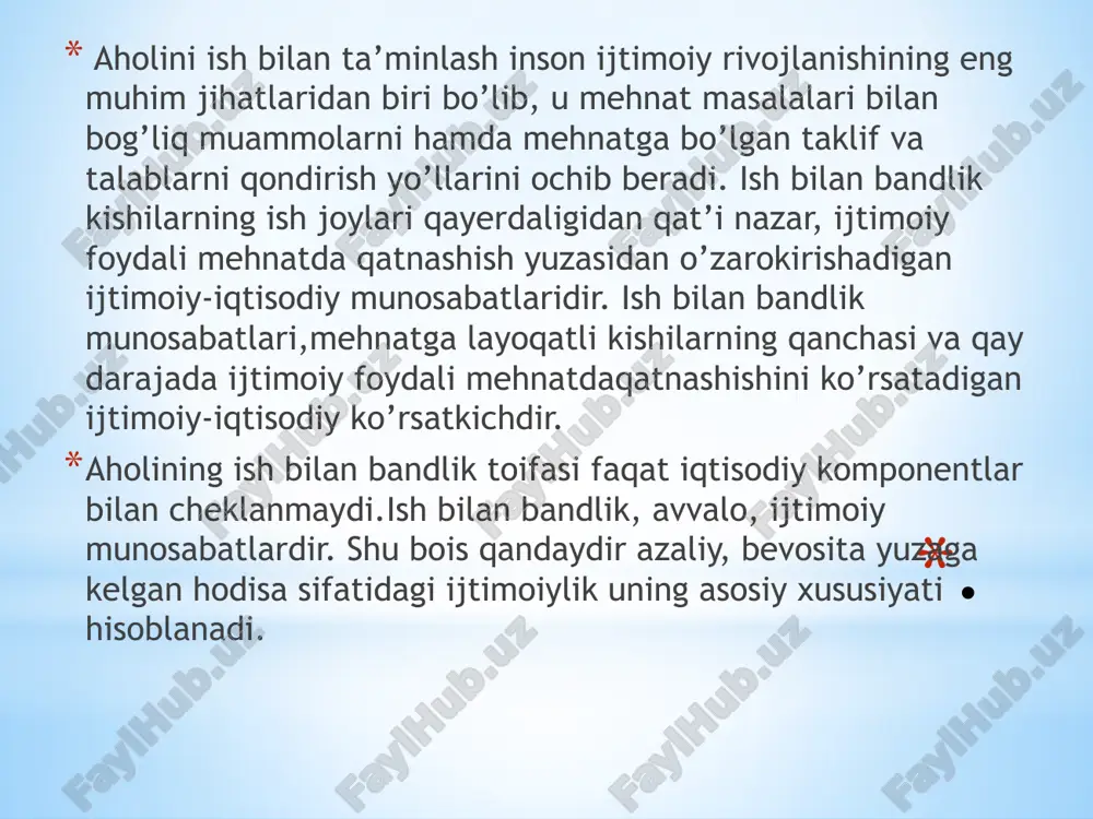 t qilishga majbur etishga (qanday shaklda bo’lmasin) yo’l qo’yilmaydi. faqat qonunda alohidabelgilangan hollar bundan mustasnodir. . ijtimoiy siyosatning tarkibiy qismi bo‘lgan aholini ishi bilan bandligi siyosati uchta asosiy maqsadga erishishni nazarda tutadi: tarkibiy qayta qurishni rag‘batlantirish asosida bo‘shab qolgan xodimlarni qayta taqsimlash jarayonini jadallashtirish; ishsizlarni mehnat hayotiga juda tezlik bilan jalb qilish; ish qidirayotganlardan har birini ish bilan ta’min etish. davlat aholini ish bilan ta’minlash siyosatining chora-tadbirlari quyidagi sohalar bo‘yicha tabaqalashtirilgan: ta’sir ko‘rsatish ob’ekti bo‘yicha (umumiy va ixtisoslashgan chora-tadbirlar); mablag‘ bilan ta’minlash manbalari bo‘yicha. aholini ish bilan ta’minlashga ta’sir ko‘rsatish usullariga quyidagilarni kiritish mumkin: bevosita (ma’muriy) usullar: qonun yo‘li bilan tartibga solish; mehnat qonunchiligi, jamoa shartnomalari; . davlat bandlik siyosati doirasida mehnat bozorini tartibga solishda bandlik jamg‘armalarining ahamiyatini alohida ta’kidlab o‘tish kerak. bandlik jamg‘armasi xarajatlarini shartli ravishda to‘rtta yo‘nalish bo‘yicha qismlarga ajratish mumkin: 1. ishsizlik bo‘yicha nafaqaga sarflanadigan mablag‘lar, ishsizlarga moddiy yordam ko‘rsatish, uzoq muddatli pensiyalar to‘lash. bularni passiv siyosat …