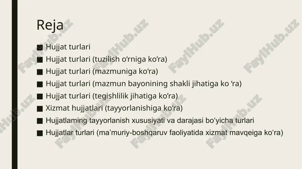 i undan ortiq masalani o‘z ichiga oladi. hujjatlar sodda hujjatlar 1ta masala murakkab hujjatlar 1-masala 2-masala hujjat turlari (mazmun bayonining shakli jihatiga ko ‘ra) hujjat xususiy namunaviy qolipli matnning o‘ziga xosligi, betakrorligi, hamisha ham bir andozada bo‘lmasligi xususiy hujjatlaming asosiy belgilaridir (masalan, xizmat yozishmalari va shu kabilar). bunday hujjatlarda ham muayyan doimiy tarkib mavjud bo‘lsa-da, bevosita mazmun bayoni bir qadar erkin bo'ladi. namunaviy hujjatlar boshqaruvning muayyan bir xil vaziyatlari bilan bog‘liq, bir-biriga o'xshash va ko‘p takrorlanadigan masalalar yuzasidan tuzilgan matnlami o‘z ichiga oladi. qolipli hujjatlar, odatda, oldindan tayyorlangan bosma ish qog‘ozlariga yoziladi, bunday hujjatlarda ikki turli axborot aks etadi, ya’ni o‘zgarmas (oldindan tayyor bosma matnda ifodalangan) va o‘zgaruvchi (hujjatni tuzish paytida yoziladigan) axborotlar; shuning uchun bu tur hujjatlarga nisbatan ko‘pincha «yozmoq» emas, balki «to‘dirmoq» so‘zi ishlatiladi. shu o‘rinda aytish kerakki, hujjatlaming qolipli turlari doirasini kengaytirish - ish yuritishni takomillashtirishdagi maqbul yo‘llardan biridir. chunki bu tadbir hujjat matnlarini bir xil qilish …