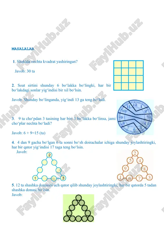 ob: agar maydon kvadrat shaklida bo‘lsa, yuzi eng katta bo‘ladi. kvadratning perimetri 2 • 36 = 72 (m); tomoni - 72 :4 = = 18 m; yuzi - 18•18 = 324 kv m. 14. uch o‘rtoq 100 m ga yugurish bo‘yicha musobaqada qatnashdi. ulardan biri bu masofani 19 sekundda, ikkinchisi 20 sekundda, uchinchisi esa 18 sekundda bosib o‘tdi. agar azim salimdan, olim azimdan tez yugurgan bo‘lsa, ularning har biri masofani qancha vaqtda bosib o‘tgan? javob: 100 m masofani olim 18 sekundda, azim 19 sekundda va salim 20 sekundda bosib o‘tadi. 15. shunday to‘rtta sonni topingki, bu sonlardan biri 4 ga bo‘linganda, ikkinchisi 4 ga ko‘paytirilganda, uchinchisiga 4 qo‘shilganda, to‘rtinchisidan 4 ayirilganda javob bir xil – 4 bo‘lishi kerak. bu qanday sonlar? javob: 16, 1, 0, 8. 16. shunday ikki xonali son topingki, uni 7 ga ko‘paytirib, chiqqan sondan 1 ayirilsa, 90 hosil bo‘lsin. javob: 13 17. guldastadagi gullarning 2 tasidan …