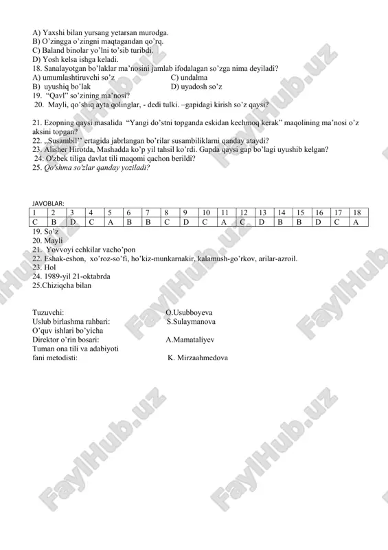 lom mamlakatlarini kezib jami nechta hadis to’plagan va nechtasini o’z kitobiga kiritgan? a. 700 ming, 7572 c. 600 ming, 7937 b. 600 ming, 7397 d. 700 ming, 7275 16. gap tarkibida ma’lum bir so’roqqa javob bo’lib, ma’lum bir sintaktik vazifani bajaruvchi so’z yoki so’zlar birikmasi nima deyiladi? a) so’z turkumlari c) ellipsiya b) inversiya d) gap bo’laklari 17.qaysi gap aniqlovchi, ega, to’ldiruvchi, kesim shakliga mos keladi? a) yaxshi bilan yursang yetarsan murodga. b) o’zingga o’zingni maqtagandan qo’rq. c) baland binolar yo’lni to’sib turibdi. d) yosh kelsa ishga keladi. 18. sanalayotgan bo’laklar ma’nosini jamlab ifodalagan so’zga nima deyiladi? a) umumlashtiruvchi so’z c) undalma b) uyushiq bo’lak d) uyadosh so’z 19. “qavl” so’zining ma’nosi? 20. mayli, qo’shiq ayta qolinglar, - dedi tulki. –gapidagi kirish so’z qaysi? 21. ezopning qaysi masalida “yangi do’stni topganda eskidan kechmoq kerak” maqolining ma’nosi o’z aksini topgan? 22. ,,susambil’’ ertagida jabrlangan bo’rilar susambiliklarni qanday ataydi? 23. alisher hirotda, …
