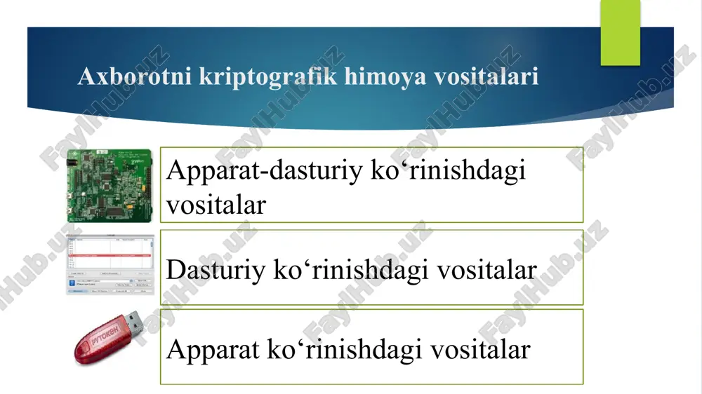 di. dasturiy shifrlash vositalarini o‘ziga xos xususiyatlari shifrlash uchun boshqa dasturlar bilan bir vaqtning o‘zida kompyuter resursidan foydalanadi; kompyuterning himoyalanganlik darajasi saqlagichning himoyalanganlik darajasini belgilaydi; foydalanuvchi tomonidan kiritilgan paroldan ma’lumotni shifrlash kaliti sifatida foydalaniladi; dasturni yangilab turish talab etilishi mumkin; katta bo‘lmagan tashkilotlar uchun foydalanish yuqori iqtisodiy samaradorlik beradi; ixtiyoriy ma’lumotni saqlash usullari uchun shifrlashni amalga oshirish imkoniyati mavjud; parolni to‘liq tanlash hujumiga yoki parolni topishga qaratilgan boshqa hujumlarga bardoshsiz; apparat shifrlashga qaraganda kam sarf xarajat talab etadi. dasturiy shifrlash guruhlari diskni shifrlash dasturiy vositalari (disk encryption software) fayl/ katalogni shifrlash dasturiy vositalari (file/folder encryption) ma’lumotlar bazasini shifrlash dasturiy vositalari (database encryption) aloqani shifrlash dasturiy vositalari (communication encryption software) diskni shifrlash bu jarayon turli ma’lumotlarni saqlash vositalarida (qattiq disk, yumshoq disk, usb disk va bosh.) saqlangan ma’lumot konfidensialligini ta’minlash uchun amalga oshiriladi. bunda diskni shifrlashning apparat-dasturiy yoki dasturiy vositasidan foydalanilib, butun diskdagi yoki uning bir qismidagi (masalan, d disk) har …