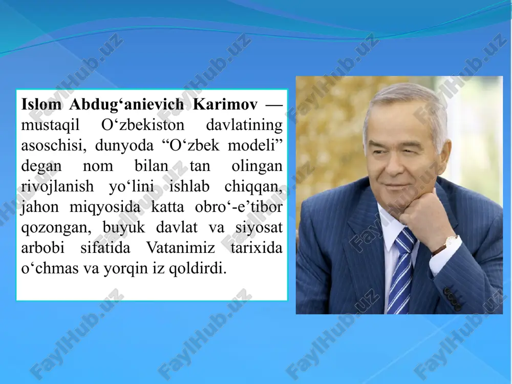 boshlab o‘zbekiston kompartiyasi markaziy komitetining birinchi kotibi lavozimlarida ishladi. 1990 yil 24 mart kuni o‘zbekiston ssr oliy kengashining sessiyasida islom karimov o‘zbekiston ssr prezidenti etib saylandi. 1991 yil 31 avgust kuni islom karimov tarixiy voqea — o‘zbekiston respublikasining davlat mustaqilligini e’lon qildi. 1991 yil 29 dekabrda muqobillik asosida o‘tkazilgan umumxalq saylovida islom karimov o‘zbekiston respublikasi prezidenti etib saylandi. 1995 yil 26 martda bo‘lib o‘tgan umumxalq referendumi yakunlariga ko‘ra islom karimovning prezidentlik vakolati 2000 yilga qadar uzaytirildi. 2000 yili muqobillik asosida o‘tgan saylov natijalariga ko‘ra, konstitutsiyaga kiritilgan o‘zgartishlarga muvofiq, islom karimov 7 yil muddatga o‘zbekiston respublikasi prezidenti etib saylandi. 2007 yili muqobillik asosida o‘tkazilgan umumxalq saylovida islom karimov o‘zbekiston respublikasi prezidenti etib saylandi. 2015 yili muqobillik asosida o‘tkazilgan umumxalq saylovida islom karimov o‘zbekiston respublikasi prezidenti etib saylandi. - o‘zbekiston 1992 yil 2 martda bmt a’zoligiga qabul qilindi$ - “save the children” xalqaro tashkiloti reytingiga ko‘ra, o‘zbekiston dunyodagi bolalar salomatligi to‘g‘risida eng …