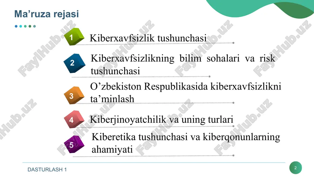 ish, tahlil qilish va testlashni o'z ichiga oladi. kiberxavfsizlik ta'limning mujassamlashgan bilim sohasi bo'lib, qonuniy jixatlarni, siyosatni, inson omilini, etika va risklarni boshqarishni o'z ichiga oladi. dasturlash 1 kiberxavfsizlik nima? * tarmoq bo'yicha faoliyat yuritayotgan cisco tashkiloti esa kiberxavfsizlikka quyidagicha ta'rif bergan: kiberxavfsizlik – tizimlarni, tarmoqlarni va dasturlarni raqamli hujumlardan himoyalash amaliyoti. ushbu kiberxujumlar odatda maxfiy axborotni boshqarish, almashtirish yoki yo'q qilishni; foydalanuvchilardan pul undirishni; yoki normal ish faoliyatini uzub qo'yishni maqsad qiladi. hozirgi kunda samarali kiberxavfsizlik choralarini amalga oshirish insonlarga qaraganda qurilmalar sonining ko'pligi va buzg'unchilar salohiyatini ortishi natijasida amaliy tomondan murakkablashib bormoqda. dasturlash 1 kiberxavfsizlik vs axborot xavfsizlik * axborot xavfsizligi – fokus: axborotni formatidan qat'iy nazar himoya qilish, shu jumladan: qog'oz hujjatlar. raqamli va intellektual mulk. og'zaki yoki vizual aloqalar. kiberxavfsizlik – fokus: raqamli aktivlarni himoya qilish, shu jumladan: tarmoq uskunalari. dasturiy ta'minot. izolyatsiya qilingan yoki tarmoqqa ulangan tizimlarda qayta ishlanadigan va saqlanadigan ma'lumotlar. vs dasturlash 1 …