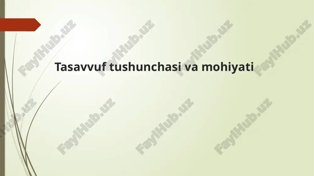 va ruhiy tarbiya masalalariga jalb etishda davom etmoqda, ilmiy tadqiqotlar, kitoblar va madaniy loyihalarda o‘rganilmoqda. tasavvufning ahamiyati bugungi kunda ham insoniy qadriyatlarni rivojlantirishda, insonni ma’naviy kamolotga yetkazishda davom etadi. tasavvuf – inson ruhiyati va qalbini poklash, alloh bilan yaqin munosabat o‘rnatish, axloqiy kamolotga erishish yo‘lidagi islomiy falsafa va ta’limotdir. uning kelib chiqishi diniy va ijtimoiy sharoitlar bilan bog‘liq bo‘lib, dastlab zahidlar va sahobalar orasida rivojlangan. tasavvuf o‘zining murshid-shogird tizimi, maktablari va yo‘nalishlari orqali tarix davomida shakllanib, adabiyot, she’riyat va san’atga katta ta’sir ko‘rsatgan. bugungi kunda tasavvuf falsafasi insonni ma’naviy tarbiya, ichki dunyo va axloqiy qadriyatlarni rivojlantirishga undaydi. shu bilan birga, tasavvuf jamiyatdagi mehr-muhabbat, sabr-toqat va odob-axloqni mustahkamlashda muhim rol o‘ynaydi. e’tiboringiz uchun rahmat! /docprops/thumbnail.jpeg