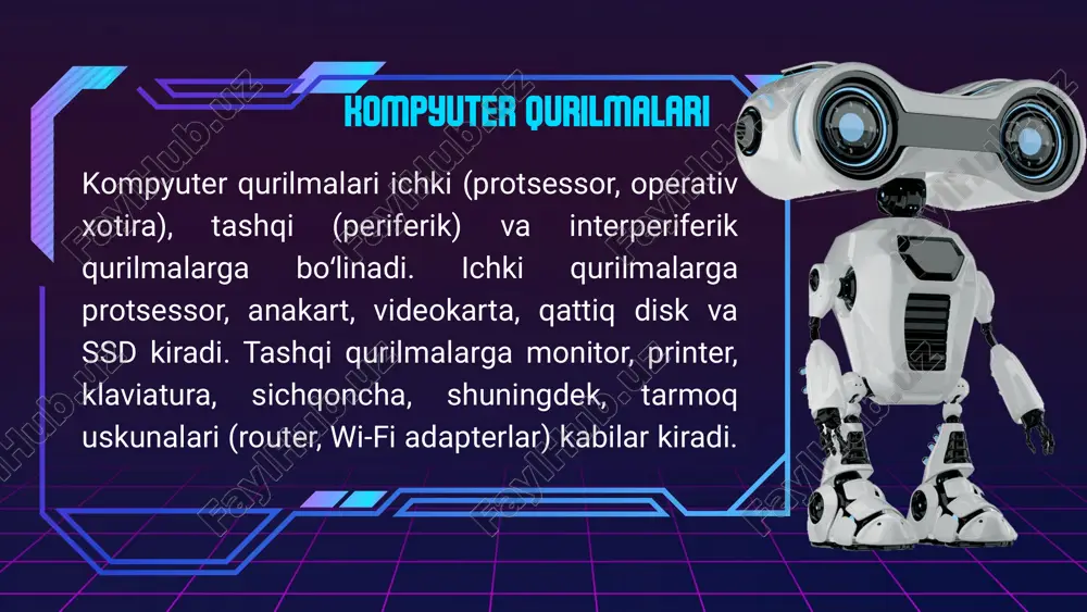 shlatiladigan dasturlar) dasturiy ta'minot tizim bu tizimning to'g'ri ishlashi uchun zarur boʻlgan barcha dasturlarning bajarilishi uchun mas'ul boʻlgan dastur. u tez-tez operatsion tizim bilan aralashib ketadi, ammo boshqa tarkibiy qismlar qatorida optimallash vositalari, qurilmalar drayverlari va serverlarini ham o'z ichiga olganligi sababli yanada rivojlanadi. software- kompyuterning dasturiy qismlari. hardware- kompyuterning texnik qurilmalari hisoblanadi. kompyuter tizimining asosiy komponentlari kompyuter tizimining asosiy komponentlari orasida protsessor, anakart, xotira (ram), qattiq disk, quvvat manbai va video karta bor. bularning barchasi birgalikda ishlash uchun zarurdir: protsessor hisob-kitoblar uchun, anakart barcha qismlarni birlashtirish uchun, xotira ma'lumotlarni vaqtinchalik saqlash uchun, qattiq disk ma'lumotlarni doimiy saqlash uchun, quvvat manbai elektr energiyasini ta'minlash uchun va video karta tasvirni chiqarish uchun ishlatiladi. kompyuter tizimining asosiy komponentlari protsessor (cpu): kompyuterning "miya"si, barcha buyruqlarni bajaradi. anakart: barcha komponentlarni bir-biriga ulaydigan asosiy platadir. xotira (ram): ma'lumotlarni vaqtincha saqlaydi, shuning uchun protsessor tezda ularga kirishi mumkin. qattiq disk (hdd/ssd): dasturlar va fayllarni doimiy saqlash …