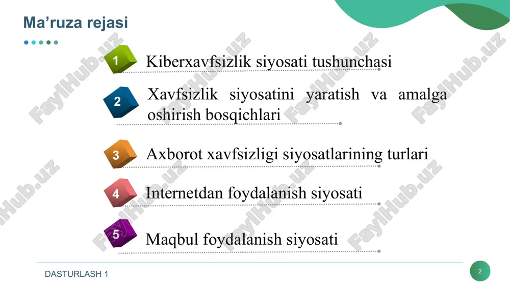 lari quyidagilar: xavfsizlik siyosatining umumiy tavsifi siyosat ko'rib chiqishi kerak bo'lgan asosiy ma'lumotlarni taqdim etadi; maqsad – siyosati nima uchun tuzilganligin batafsil tushuntirish; harakat sohasi kimni va nimani qamrab olish haqidaga axborotni o'z ichiga oladi; qoidalar va javobgarliklar xodimlar va boshqaruv uchun aniqlanadi; maqsadli auditoriya bu - siyosat ishlab chiqilayotgan foydalanuvchilar va mijozlardir; siyosatlar bu – xavfsizlik siyosatining har bir aspekti uchun bayondir; sanksiyalar va buzilishlar mijozlar va foydalanuvchilar rioya qilishi kerak bo'lgan ruxsat berish/ rad etish jarayonini belgilaydi; kontakt ma'lumotlari siyosat sanktsiyalari va/ yoki buzilishlari yuz berganda kim bilan bog'linish kerakligi haqidagi axborot; versiya raqami siyosatdagi barcha o'zgarishlar va yangilanishlar to'g'ri kuzatilishini ta'minlaydi; glossari siyosatda foydalanilgan turli termin va qisqartmalarni ma'nosini o'z ichiga oladi. dasturlash 1 xavfsizlik siyosati bayoni * dasturlash 1 xavfsizlik siyosatini yaratish va amalga oshirish bosqichlari * dasturlash 1 xavfsizlik siyosatini ishlab chiqishdagi mulohazalar * dasturlash 1 xavfsizlik siyosatini loyihalash * dasturlash 1 siyosatni amalga oshirilganligini …
