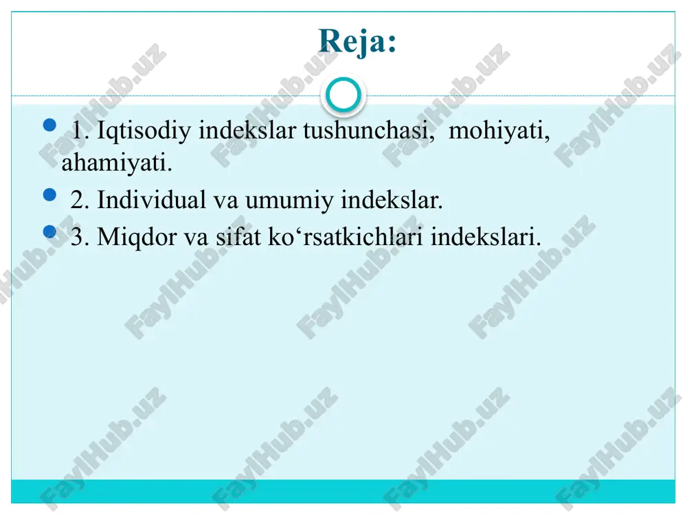 hlillarda hodisalar o'zgarishlarini umumlashtirib ta'riflovchi qurol sifatida keng qo'llaniladi. aynan shu xususiyatlari bilan ular nisbay miqdorlardan tubdan farq qiladi. indekslar to’plam birliklarini qamrab olishiga qarab yakka va umumiy indekslarga bo’linadi. yakka indekslar to’plamning ayrim elementlarining o’zgarishini ta’riflaydi. indeks metodi o’rtacha ko’rsatkichlarning o’zgarishini o’rganishda ham keng qo’llaniladi. o’rtachaning o’zgarishiga ikki omil ta’sir ko’rsatadi. bu omillar ta’sirini baholash uchun statistikada o’zgaruvchan va o’zgarmas tarkibli hamda tarkibiy siljishlar indekslari hisoblanadi. 1. iqtisodiy indekslar tushunchasi, mohiyati, ahamiyati. taqqoslanish asosiga qarab indekslar bazisli va zanjirsimon indekslarga bo’linadi. indekslashtirilayotgan miqdorlarning xarakteri va mazmuniga qarab indekslar miqdor(hajm) va sifat kursatkichlari indekslariga bo’linadi. indekslar nazariyasida qaysi ko’rsatkich indekslashtirilsa, u indekslashtiriladigan miqdor deyiladi. umumiy indekslarda indekslashtirilayotgan miqdor so’zi o’rniga indekslashtirilayotgan belgi va uning vazni tushunchalari ishlatiladi. 1.iqtisodiy indekslar tushunchasi, mohiyati, ahamiyati. tadqiqot oldida turgan vazifalarga qarab quyidagi turdagi indekslar hisoblanashi mumkin: dinamika indekslari; shartnoma va davlat buyurtmalari bajarilishi indekslari; o'zgaruvchan va o'zgarmas tarkibli, tuzilmaviy siljishlar indekslari; hududiy indekslar; analitik …