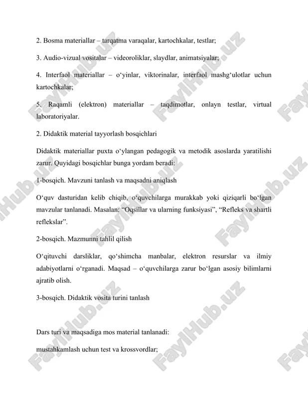 ng funksiyasi”, “refleks va shartli reflekslar”. 2-bosqich. mazmunni tahlil qilish o‘qituvchi darsliklar, qo‘shimcha manbalar, elektron resurslar va ilmiy adabiyotlarni o‘rganadi. maqsad – o‘quvchilarga zarur bo‘lgan asosiy bilimlarni ajratib olish. 3-bosqich. didaktik vosita turini tanlash dars turi va maqsadiga mos material tanlanadi: mustahkamlash uchun test va krossvordlar; yangi mavzu uchun plakat va sxemalar; takrorlash uchun o‘yin yoki mini viktorina. 4-bosqich. materialni ishlab chiqish rasm, jadval, test savollari, topshiriqlar yoki matnlar dizayn jihatidan soddaligi va o‘quvchi yoshiga mosligi bilan ajralib turadi. har bir topshiriq o‘quvchilarda tahlil, solishtirish va umumlashtirish malakasini rivojlantirishi kerak. 5-bosqich. ekspert baholash tayyorlangan materialni tajribali o‘qituvchilar yoki metodistlar ko‘rib chiqib, mazmuniy, didaktik va vizual jihatdan baholaydilar. 3. didaktik materiallarni aprobatsiyadan o‘tkazish aprobatsiya — bu yangi tayyorlangan o‘quv-metodik materialni sinov tariqasida o‘quv jarayonida qo‘llash va uning samaradorligini aniqlash jarayonidir. aprobatsiya bosqichlari: 1. sinov darsini tashkil etish – materialni dars jarayonida qo‘llash. 2. kuzatish – o‘quvchilarning ishtiroki, tushunish darajasi, faolligi va …