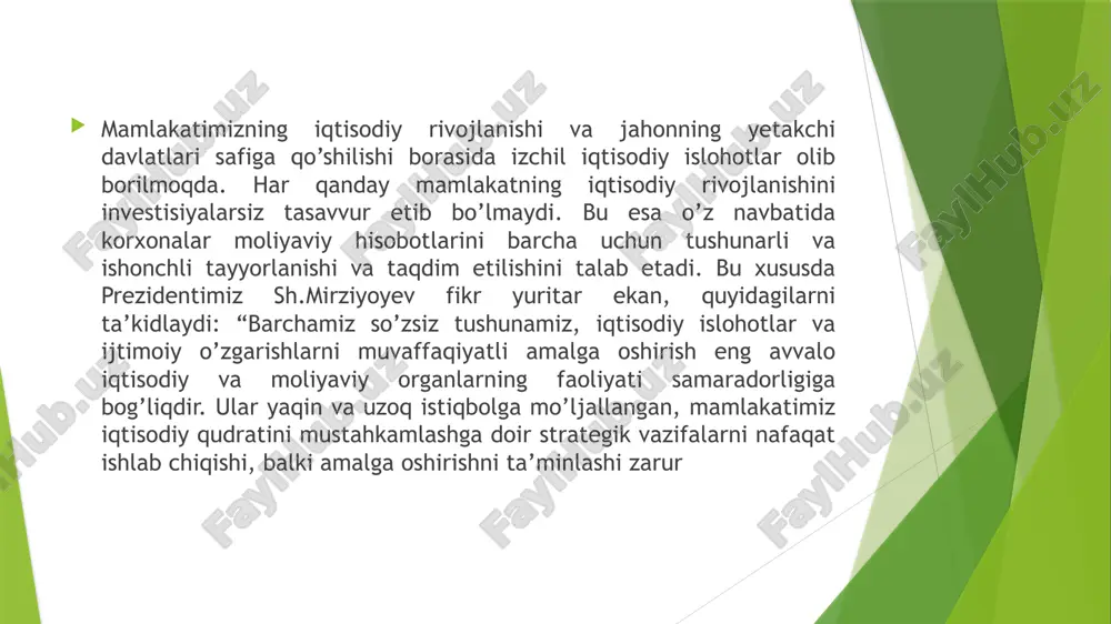 ini ta’minlamayapti. o’tkazilayotgan islohotlar natijasida mazkur muammoning echimi sifatida “yirik davlat korxonalarida moliyaviy hisobot tuzish va audit o’tkazishda xalqaro standartlarni joriy qilish” kabi muhim vazifalar belgilab qo’yildi. o’z navbatida, yuqoridagi vazifalar ijrosini ta’minlashda auditorlik tekshiruvlarida ilg’or xorij tajribasi va dasturiy vositalardan foydalanish, auditorlik faoliyatida xalqaro standartlardan keng foydalanishga oid chuqur izlanishlar olib borishni taqozo etmoqda. koxonalar faoliyatining asosi, moliyaviy xisobotlanrning muhim elementlaridan biri aktivlar hisoblanadi. hisob va hisobotlarda ularning haqqoniy, aniq va eng asosiysi halqaro standartlar asosida aks ettirilganligini tekshirish auditning eng muhim masalalaridan sanaladi. ayniqsa korxonalarda aktivlar holati to’g’risida real va shaffof ma’lumotlar taqdim etishda biz uchun deyarli yangi bulgan “qadrsizlanish”ni hisobga olish, undan kurilgan zararni tan olish masalalari auditning ham muhim masalalaridandir.mamlakatimizda amalga oshirilayotgan iqtisodiy islohatlar iqtisodiyotimizni yanada rivojlantirishga asos bo’lmoqda. prezidentimiz ham qator ma’ruzalarida iqtisodiyotimizni rivojlantirish bo’yicha ta’kidlab kelmoqda, chunonchi “bir yil ichida mamlakatimiz iqtisodiyotini yanada erkinlashtirish, biznesga keng yo‘l ochish, bu borada qonun ustuvorligi va huquqiy …