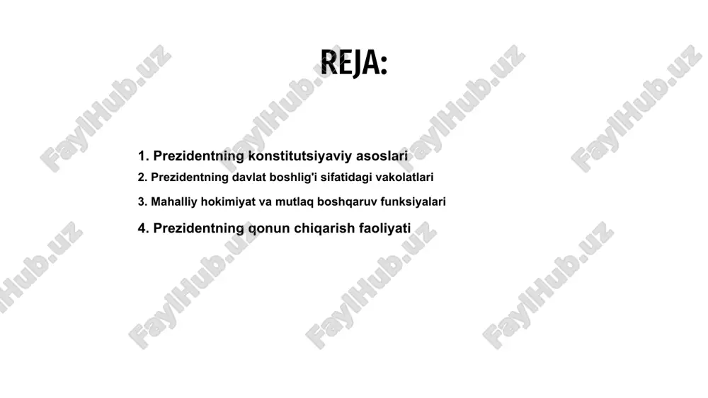 l qilish #3 milliy mudofaa strategiyasini belgilash #1 mudofaa sohasi va harbiy kuchlarning boshqaruvi 9. prezidentning harbiy va mudofaa masalalaridagi roli 10. prezident va konstitutsiyaviy tartibni tiklash funksiyasi konstitutsiyaga muvofiq harakat qilish #1 qarorlar va qonunlarning ustuvorligi #2 muxtoriyat va qonun ustuvorligini ta'minlash #3 e'tiboringiz uchun rahmat!