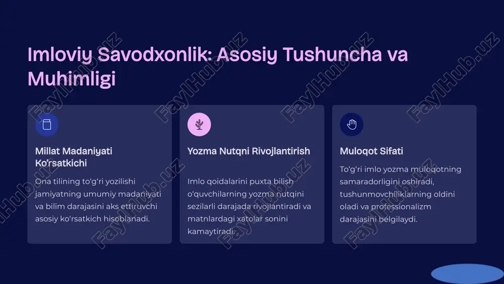 viy test topshiriqlarini tuzishning asosiy qoidalari 1 qoidalar asosida aniq savollar har bir savol aniq bir imlo qoidasiga asoslangan bo‘lishi va tushunarli tarzda ifodalanishi kerak. 2 yagona to‘g‘ri javob testda faqat bitta to‘g‘ri javob bo‘lishi shart. variantlar chalkash yoki ikki xil talqin qilinadigan bo‘lmasligi lozim. 3 darajaga moslashtirish savollar o‘quvchilarning yoshiga, o‘zlashtirish darajasiga va o‘qitilgan materiallarga mos ravishda tuzilishi talab etiladi. 4 chalg‘ituvchi variantlar sifati noto‘g‘ri variantlar (distraktorlar) imloviy xatolarning eng keng tarqalgan turlari asosida yaratilishi lozim. 5 amaliy misollar: imlo qoidalariga oid savollar test savollarining shakli va mazmuni o‘quvchilarning amaliy savodxonligini sinashga yo‘naltirilgan bo‘lishi kerak. to‘g‘ri yozilishni aniqlash so‘zlardan qaysi biri to‘g‘ri yozilgan? a) maktab b) maktabb c) maktabi bo‘g‘inlarga ajratish qoidasi bo‘g‘inlarga ajratilgan so‘zni belgilang: a) im-lo b) imlo c) iml-o kontekstda xato topish quyidagi gapda imlo xatosi qaysi so‘zda? "ular erkin muloqat qilishni o‘rganishdi." (to‘g‘ri javob: muloqot) 6 test topshiriqlarini bajarish strategiyasi savolni tushunish mohiyatini aniqlang va …