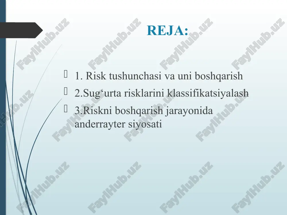 ug‘urta tarifining stavkasi - bu risk bahosidir. riskni samarali boshqarish ko‘p jihatdan uni to‘g‘ri tasniflashga bog‘liq. riskni ilmiy asoslangan holda tasniflash umumiy risk tizimida har bir riskning o‘rnini aniqlash imkoniyatini beradi. bu o‘z navbatida har bir riskga mos keluvchi boshqaruv uslubini qo‘llashga shart-sharoit yaratadi. shu o‘rinda tadbirkorlikni boshqarayotganimizda quyidagi 2 ta jarayonga duch kelamiz: 1.boshqaruvning yo‘qotilishi, kam yo‘qotish yoki oldini olish uchun nima qilish kerak 2.fondlarning yaroqlilik kafolati fondlarda yo‘qotishlarni oldini olish va kafolatlash uchun qanaqa usullardan foydalaniladi.riskni o‘tkazish. riskni o‘tkazish yo‘qotishlarni boshqarishning bir uslubidir.ko‘pchilik tadbirkorlar o‘z risklarini sug‘urtaga o‘tkazishiga qaramay, aniq tanlov hisoblanmaydi. ushbu misolda, korxona o‘z avtotransportini sotish va mahalliy etkazish xizmatini ijaraga olish orqali yo‘qotishlarga to‘qnashishini oldini olish mumkin. bu echim nafaqat yo‘qotishlarga duch kelishni oldini olish, balki bu transportni boshqarishingiz mumkin. natijada siz risklarni o‘zingizdan mahalliy etkazib berish xizmatiga o‘tkazyapsiz.mol-mulk zararini kamaytirish uchun savdogar omborxonadagi mol-mulklar ro‘yxati kamaytirish va faqatgina litsenziyaga ega aniq tovarlarni saqlashga qaror …