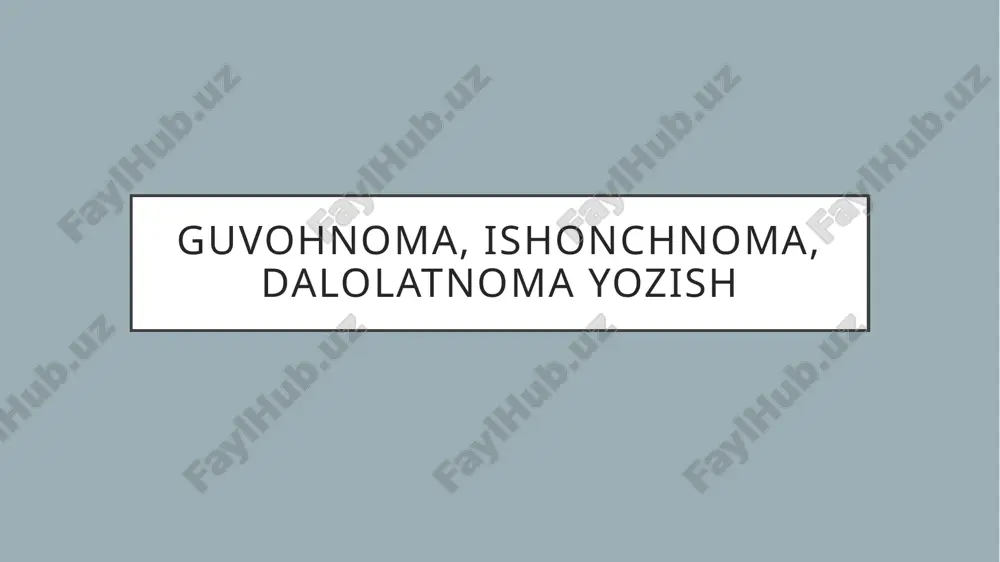 alari, kasaba uyushmasi, jamoa xo‘jaligi, jamoat tashkilotlari muayyan lavozimli shaxsga uning muayyan tashkilot tomonidan ish yuritishga vakil qilinganini bildirish uchun beriladi. bunday ishonchnomalar muassasa rahbari tomonidan imzolanishi va muhr bilan tasdiqlanishi kerak. rasmiy ishonchnoma rasmiy ishonchnomaning zaruriy qismlari: ishonchnoma tartib raqami va berilgan vaqti (sanasi). ishonchnoma berilayotgan (ishonchnoma bildirilayotgan) shaxsning lavozimi va to‘liq nomi (ismi, ota ismi, familiyasi). qimmatli buyumlar olinadigan (beradigan) muassasaning nomi. ishonchnomaning berilish sababi. ishonchnomaning amal qilish muddati. ishonchnoma berilayotgan shaxs imzosining namunasi. moddiy-buyum boyliklarini oluvchining shaxsiyatini tasdiqlovchi hujjatning nomi (pasport, guvohnoma). bir martalik ishonchnoma namunasi shaxsiy ishonchnoma shaxsiy ishonchnomalar ayrim shaxslar tomonidan o‘ziga tegishli pul yoki qimmatbaho narsalami borib olish uchun ishongan kishisiga ishonch bildirib yozgan hujjatidir. bunday ishonchnoma vakolat beruvchining ish joyi (ishlamagan taqdirda mahalla qo‘mitasi) tomonidan muhr bilan tasdiqlanishi lozim. shaxsiy ishonchnoma shaxsiy ishonchnoma erkin usulda, odatda, qo‘lda yoziladi, lekin unda, albatta, quyidagi zaruriy qismlar bo‘lmog‘i kerak: hujjatning nomi (ishonchnoma). ishonch bildiruvchining to‘liq nomi …