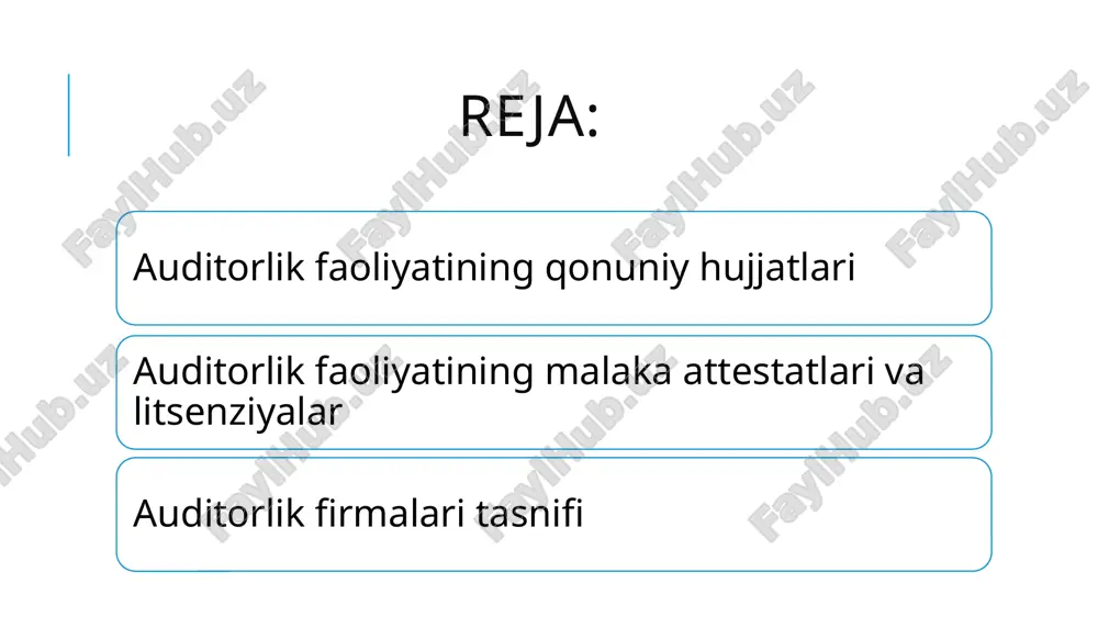 ri va litsenziyalar bo’lishi nazarda tutilgan: 5 • umumiy audit (xo’jalik yurituvchi sub’ektlar bo’yicha audit o’tkazish); • bank auditi. attestatsiyalashni o’tkazish tartibi vazirlar maxkamasining 2000 yil 22 sentyabridagi 365son qaroriga muvofiq «auditorlik faoliyatini amalga oshirish uchun auditorlik tashkitlotlariga litsenziya berish tartibi to’g’risida»gi nizomga asosan amalga oshiriladi. mazkur nizomga muvofiq quyidagitalablar belgilab qo’yilgan: 6 • litsenziya olish uchun taqdim etiladigan hujjatlar • litsenziya olish uchun hujjatlarni ko’rib chiqish tartibi • litsenziya berish yoki litsenziya berishni rad etish to’g’risida qaror qabul qilish tartibi • litsenziyani qayta rasmiylashtirish va dublikat berish tartibi 7 • auditorlik tashkilotiga nisbatan qo’yiladigan litsenziya talablari va shartlari • litsenziya talablari va shartlariga rioya qilinishi ustidan nazorat o’rnatish • litsenziyaning amal qilinishini to’xtatib qo’yish, to’xtatish, tiklash va bekor qilish tartibi • auditorlik faoliyatini amalga oshirish uchun litsenziyaga ega bo’lgan auditorlik auditor malaka sertifikatini olishga da’vogar quyidagi talablarga javob berishi kerak: 8 o’zbekiston respublikasi oliy ta’lim muassasalarida olingan oliy iqtisodiy …
