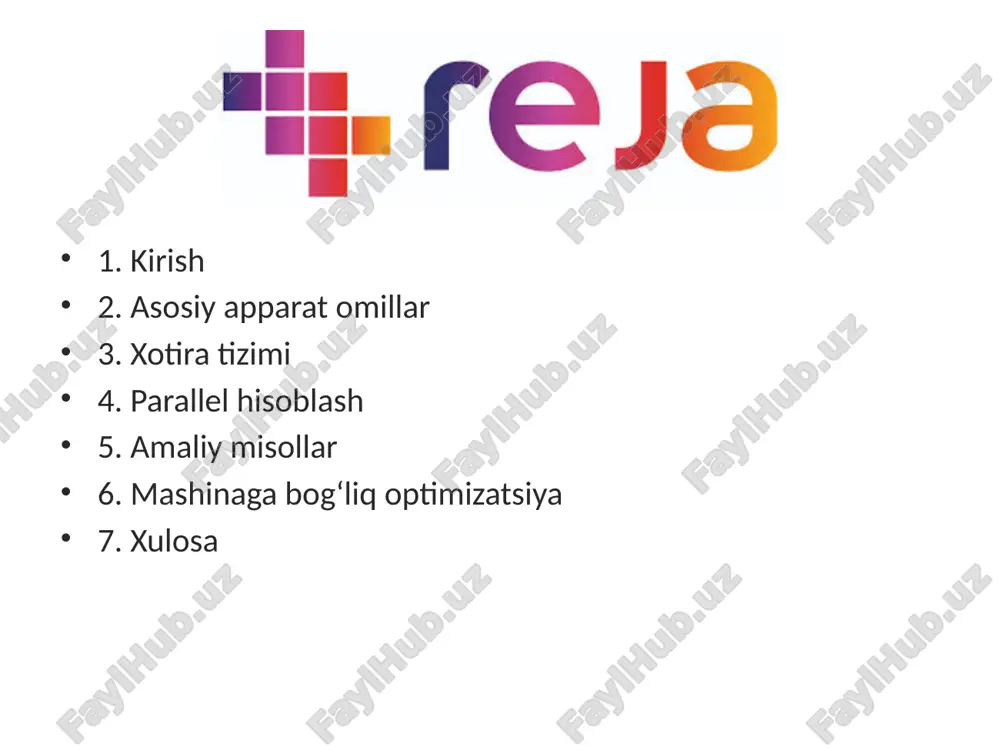 texnologiyalari xotira tarmoqlanishi kesh xotira darajalari: tezlik yuqoridan pastga qarab sekinlashadi, hajm esa kattalashadi. parallel hisoblash ko‘p yadroli protsessorlar vazifalarni bo‘lish paralellashgan algoritmlar cpu – murakkab vazifalar uchun, gpu – massiv parallel hisoblash uchun samarali. gpu hisoblash cuda, opencl grafik protsessorlarning ustunligi matritsa amallari misolida hisoblash samaradorligi memory bandwidth va hisoblash quvvatiga bog‘liq. simd texnologiyalari single instruction multiple data sse, avx vektorli hisoblash simd arxitekturasida bitta buyruq bitta komanda protsessori (kontroller) tomonidan barcha ma’lumotlarni saqlovchi ko‘plab protsessor elementlariga yuboriladi. parallel operatsiyalar: barcha protsessor elementlari bitta buyruqni o‘zlarining ma’lumotlarida bir vaqtning o‘zida bajaradi. ma’lumotlarni to‘plamlarga bo‘lish: ma’lumotlar pog‘onalar yoki to‘plamlar holatida, yakka tartibda emas, balki bir xil operatsiyalar ko‘p marotaba bajarilishi kerak bo‘lgan holatlarda qayta ishlanadi. dasturning mashinaga bog‘liq optimizatsiyasi kompilyator darajasi protsessorga mos assembly kod maxsus buyruqlar mashinaga bog‘liq optimizatsiya — dastur kodini ma’lum bir protsessor arxitekturasi yoki apparat platformasi uchun moslab yozish. maqsad — eng yuqori tezlik va samaradorlikka …