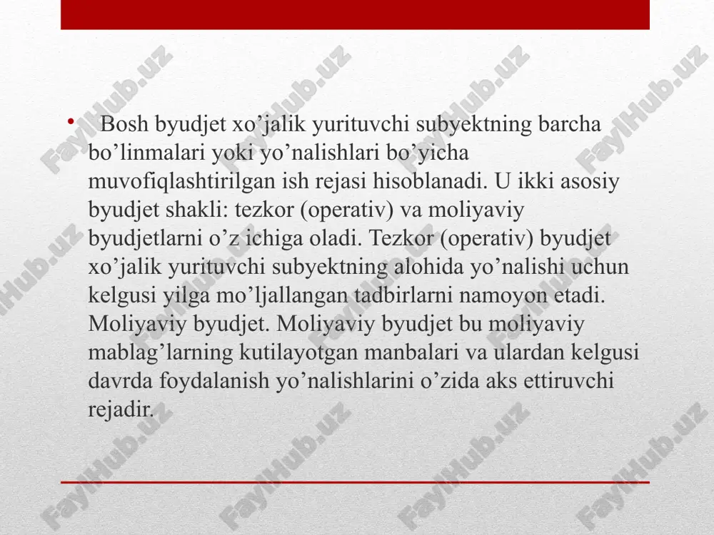 ylanmasining samarasini belgilovchi, unga ta’sir ko’rsatuvchi muhim ko’rsatkich hisoblanadi. bosh byudjetni ishlab chiqish jarayonida avval barcha davriy byudjetlar, xususan, kapital xarajatlar byudjeti, kutilayotgan foyda va zarar to’g’risidagi byudjetlar va shu kabilar tuzilganidan so’ng pul mablag’lari byudjeti tuziladi. pul mablag’lari byudjeti (yoki kutilayotgan pul aylanmalari) bu kelgusi davrda bo’ladigan pul mablag’lari tushimi va to’lovlar rejasi bo’lib, bosh byudjetda ko’rsatilgan barcha kelgusi tadbirlar bilan bog’liq pul aylanmalarini o’z ichiga qamrab olgan. umuman olganda, bu byudjet davr yakunidagi pul mablag’lari byudjetida kutilayotgan yakuniy saldo va byudjet tuzilayotgan yil har bir oyining moliyaviy holatini ko’rsatadi. korxona ishlab chiqarish dasturini ishlab chiqish mahsulot sotish rejasini tuzishdan boshlanadi. unda har bir mahsulot, shuningdek korxona faoliyatining kelgusi davrida amalga oshiriladigan ishlar va xizmatlar ko'rsatiladi. ishlab chiqarish dasturi mahsulot ishlab chiqarish va sotishning yillik hajmi, , tovarlar va xizmatlar bozori talabi asosida sifat va muddatni tavsiflovchi kompleks rejani o'zida namoyon etadi. buyurtmachilaming talab va taklif qonuni talablari asosida …