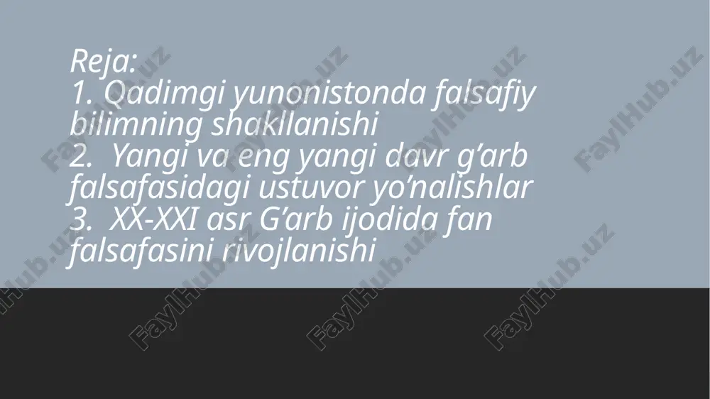 ali va zaruriyat tufayli yuz beradi. har qanday hodisa o‘zining qarama-qarshiligiga o‘tadi: sovuq narsa issiq narsaga aylanadi, issiq narsa sovuq narsaga aylanadi, ho‘l narsa quruq narsaga aylanadi, quruq narsa ho‘l narsaga aylanadi». quyosh har lahzada yangilangani kabi, barcha hodisalar ham o‘zgaradi. 18.10.2025 g’arb falsafasiga oid atamalar. patristika “patristika” so‘zi “ota” [“padre”] so‘zidan kelib chiqqan. bu nom bilan odatda evropada yepiskoplarni ularga hurmat sifatida ataganlar sxolastika (yunon. schole – maktab) – maktab ta’limida hukmronlik qilgan va ilohiyotga to‘la bog‘liq bo‘lgan o‘rta asrlar xristian falsafasi. realizm umumiylikka narsadan oldin paydo bo‘luvchi ideallik sifatida yondashgan, ya’ni amalda umumiy va yakkaning aloqasi to‘g‘risidagi idealistik kontseptsiyani ishlab chiqqan. 18.10.2025 falsafa sohasidagi g’arb olimlari. 18.10.2025 foma akvinskiy (1225-1274) thomas aguinas yoki foma akvinskiy (foma akvinat) (lotincha: thomas aquinas,italyancha: tommaso d'aquino; 1225 yoki 1226, akuino yaqinidagi rokkasekka qalʼasi — 1274.7.3, janubiy italiya, fossanuova monastiri) — oʻrta asr faylasufi va sxolastteolog, tomizm asoschisi. otasi uni kelajakda cherkovda ishlashini …