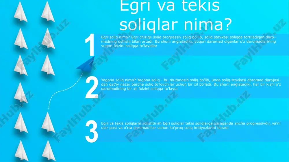 i mumkin. oddiylik: bir tekis soliqlarni tushunish va boshqarish oson, bu esa korxonalar va jismoniy shaxslar uchun muvofiqlik xarajatlarini kamaytiradi. adolatlilik: bir tekis soliq har kimning boyligi yoki moliyaviy ahvolining murakkabligidan qat'i nazar, o'z daromadining bir xil qismini to'lashini ta'minlaydi. egri soliqlarning kamchiliklari murakkablik va muvofiqlik: egri chiziqli soliqlarning chiziqli bo'lmaganligi ularning murakkabligini oshiradi, bu esa soliq to'lovchilar uchun soliq kodeksini tushunish va ularga rioya qilishni qiyinlashtiradi. progressiv soliq yuki: egri soliqlar yuqori daromad oluvchilar uchun nomutanosib soliq yukiga olib kelishi mumkin, bu esa investitsiyalar va iqtisodiy o'sishni susaytirishi mumkin. ma'muriy xarajatlar: egri soliqlarni joriy qilish va qo'llash soliq organlari uchun tekis yoki mutanosib soliq tizimlariga nisbatan qimmatroq va ko'p vaqt talab qilishi mumkin. bir tekis soliqlarning kamchiliklari 1. tengsizlik: bir tekis soliqlar progressiv soliqlarga qaraganda ko'proq daromad tengsizligini keltirib chiqaradi, chunki ular jismoniy shaxslarga ularning daromadlaridan qat'iy nazar bir xil soliq stavkasini qo'yadi 2. daromadlarni yo'qotish: bir tekis soliqlar …