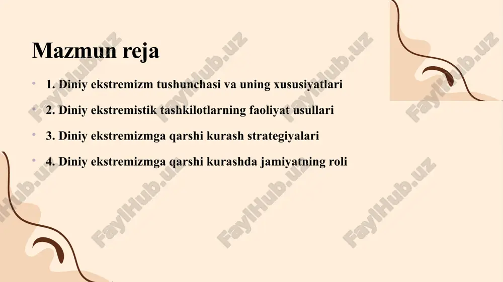 yalari bilan chalg'itish va ularni radikalizatsiya qilish uchun internet va ijtimoiy tarmoqlardan keng foydalanadilar. ekstremistik tashkilotlarning strategiyalari diniy ekstremistik tashkilotlar ko'pincha g'oyaviy va psixologik bosim orqali o'z tarafdorlarini jalb qilishadi. ular o'z maqsadlarini amalga oshirish uchun manipulyatsiya, qo'rqitish va kuch ishlatish kabi usullardan foydalanadilar. bu jarayonlar orqali ular o'z g'oyalarini kengaytirishga harakat qiladilar. ekstremizmga qarshi kurash strategiyalari davlat va huquq-tartibot organlari tomonidan samarali chora-tadbirlar ko'rish ham zarur. ekstremistik faoliyatni aniqlash va bartaraf etish uchun kuchli monitoring tizimlari yaratilishi kerak. shuningdek, jamiyatda integratsiya va bag'rikenglikni rivojlantirish zarur. diniy ekstremistik g'oyalar bilan kurashish uchun hamkorlik va muloqot muhim ahamiyatga ega. diniy ekstremizmga qarshi kurashda, ta'lim va tarbiya muhim rol o'ynaydi. yosh avlodga to'g'ri ma'lumot berish orqali ularni radikalizatsiyadan saqlash mumkin. bu, o'z navbatida, ijtimoiy barqarorlikni ta'minlaydi. diniy ekstremizmga qarshi kurashning zaruriyati diniy ekstremizmga qarshi kurash strategiyalari, jamiyatda barqarorlikni ta'minlash va ekstremistik g'oyalarning tarqalishini oldini olish maqsadida ishlab chiqilgan. ushbu strategiyalar, diniy intolerantlikni …