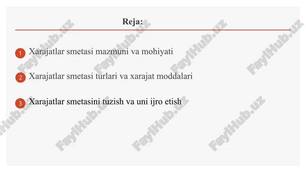 tlar smetasi — budjet tashkilotining yoki budjet mablag‘lari oluvchining xarajatlar smetasi tasdiqlanguniga va ro‘yxatdan o‘tkazilguniga qadar amal qiladigan hujjat bo‘lib, unda qonun hujjatlaridagi o‘zgartirishlar hisobga olingan holda uning uchun nazarda tutilgan budjetdan ajratiladigan mablag‘lar har oy uchun aks ettiriladi. 9 tuzuvchi subyektga ko’ra xarajatlar smetasi 2 ga bo’linadi: yakka smeta shtatida mustaqil buxgalteriya-hisob bo’limlari mavjud bo’lgan byudjet tashkilotlari yoki byudjetdan mablag’ oluvchilar tomonidan tuziladi. jamlanma smeta budjet mablag‘larini taqsimlovchi tomonidan o‘z tasarrufidagi budjet tashkilotlarining va budjet mablag‘lari oluvchilarning xarajatlar smetalari asosida tuziladigan xarajatlar smetasi smeta xarajatlari guruhlari tarkibi smeta xarajatlar i guruh – ish haqi va unga tenglashtirilgan to‘lovlar (rag‘batlantirish fondlari, stipendiyalar va boshqalar) ii guruh – ish beruvchilarning ajratmalari (ish haqiga ustamalar) iii guruh – kapital qo‘yilmalar (davlat investitsiya dasturida nazarda tutilgan aniq ro‘yxatlarga muvofiq) ivguruh – boshqa xarajatlar xarajatlar smetasini tuzish va uni ijro etish xarajatlar smetasi 2 nusxada tuziladi budjet tashkilotini o‘zida qoladi. iqtisodiyot va moliya vazirligiga …