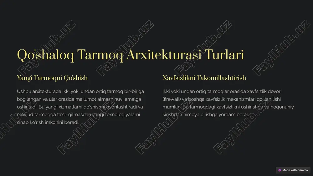 mumkin. qo'shimcha xizmatlar qo'shimcha xizmatlarni ta'minlash va xizmatlarni boshqarish uchun qo'shimcha mutaxassislarni jalb qilish kerak bo'lishi mumkin. 4 qo'shaloq tarmoq arxitekturasi: amaliy qo'llanilishi bulutli xizmatlar qo'shaloq tarmoq arxitekturasi bulutli xizmatlarning ishonchliligi va mavjudligini oshirish uchun ishlatiladi. ma'lumot markazlari ushbu arxitektura ma'lumot markazlarida muhim ma'lumotlarni himoya qilish va xizmatlarning uzluksizligini ta'minlash uchun ishlatiladi. katta korxonalar katta korxonalar muhim biznes jarayonlarini qo'llab-quvvatlash va ishdan chiqish xavfini kamaytirish uchun ushbu arxitekturadan foydalanadilar. 5 qo'shaloq tarmoq arxitekturasi: qo'shimcha ma'lumotlar 1 tarmoq segmentatsiyasi qo'shaloq tarmoq arxitekturasi tarmoqni turli xil segmentlarga ajratish imkonini beradi, bu esa xavfsizlikni oshirishga va tarmoq resurslarini samarali ishlatishga yordam beradi. 2 yangi texnologiyalarni qo'shish qo'shaloq tarmoq arxitekturasi yangi texnologiyalarni qo'shishni osonlashtiradi va mavjud tarmoqqa ta'sir qilmasdan yangi xizmatlarni sinab ko'rish imkonini beradi. 3 xizmatlarni balanslash qo'shaloq tarmoq arxitekturasi xizmatlarni turli xil tarmoqlarga tarqatish imkonini beradi, bu esa yukni balansirovka qilish va ishlashni yaxshilashga yordam beradi. 6 qo'shaloq tarmoq arxitekturasi: tanlash mezonlari …