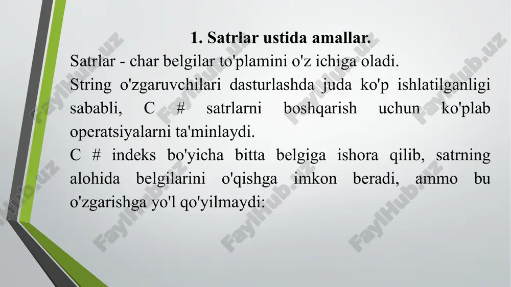 orat bo'lsa, true qiymatini qaytaradi. class program { static void main(string[] args) { string whitestring = "\t \r\n"; var b1 = string.isnullorwhitespace(whitestring); //true var b2 = string.isnullorwhitespace("123"); // false } } satrlarni birlashtirish. satrlarni birlashtirish (birlashtirish) uchun siz concat usuli yoki "+" va "+ =" operatorlaridan foydalanishingiz mumkin: string h = "hello"; string w = "world"; h += " "; // bo'sh joy qo'shing w = w + "!"; // undov belgisini qo‘shish console.writeline(string.concat(h, w)); ketma-ketlikni (massiv, kollektsiya) ajratuvchi bilan birlashtirish uchun join usulidan foydalanishingiz mumkin: // birinchi argument - bu qismlar uchun ajratuvchi var t1 = string.join(",", "1", "2", "3"); //1,2,3 // butun sonli massiv matnga aylantiriladi var t2 = string.join("; ", new[] { 7, 8, 9 }); //7; 8; 9 regisrtni almashtirish. satrlarni kichik harflarga aylantirish uchun tolower usulidan foydalaning va toupper usulidan katta harflarga o'ting. var t = "abdc"; var lower = t.tolower(); //abcd var upper = …