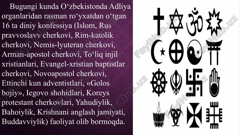 rini va faoliyatni takomillashtirishda ijtimoiy ko‘mak va imtiyozlar berish to‘g‘risida»gi qarorini bir so‘z bilan diniy tashkilotlarga nisbatan belgilangan sanatsiya deb atash mumkin. chunki, bu qaror diniy tashkilotlarga kommunal xizmatlar uchun olinadigan to‘lovlarni yuridik shaxs sifatida emas, balki jismoniy shaxslardan olinadigan miqdorda to‘lash huquqini berdi. kommunal xizmat to‘lovlaridagi farq tufayli yuzaga kelgan tushumlar va ziyoratgohlardan tushadigan xayriya mablag‘larini o‘zbekiston musulmonlari idorasi tizimidagi masjidlarni ta’mirlash, diniy ta’lim muassasalarining o‘quv va moddiy-texnik bazasini mustahkamlash, o‘qituvchi-mudarris va imom-xatiblarning mehnatini rag‘batlantirish ishlariga sarflash belgilab qo‘yildi. diniy tashkilotlarga hukumat darajasida bu kabi ijtimoiy yordamlarning berilishini ham davvlatning vijdon erkinligini ta’minlash va diniy konfessiyalarni rivojlanishiga qaratilgan chora-tadbirlarining amaliy ifodasi sifatida baholash mumkin. shunday qilib, o‘zbekistonda barcha shaxslarning vijdon va e’tiqod erkinligi huquqini ta’minlashga xizmat qiluvchi diniy tashkilotlarning hech bir to‘siqlarsiz, qonunda belgilangan tartib va asoslarda faoliyat olib borishlari uchun tegishli huquqiy asos va tashkiliy shakllar ta’minlangan. bu holat davvlatimizning dunyoviy demokratik davvlat sifatida rivojlanayotgani hamda diniy bag‘rikenglik …