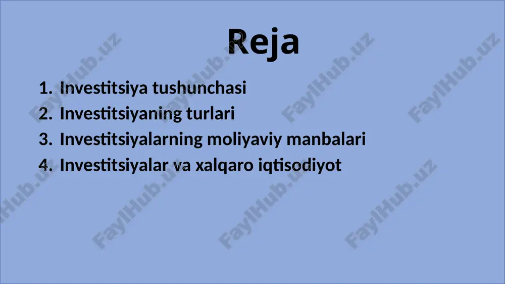 sadida biznes, ijtimoiy-iqtisodiy dasturlar va boshqa loyihalarga bo‘sh kapitalni uzoq muddatli sarmoyasidir. investitsion faoliyat deganda moliyaviy maqsadlar va foyda olish uchun mablag‘larni investitsiyalash va muayyan harakatlarni amalga oshirish tushuniladi. investitsiyalarning o‘ziga xos xususiyatlari quyidagilaridan iborat investitsiyalarning turli shakllari 1.mahalliy investitsiyalar:mamlakat ichidagi investorlar tomonidan amalga oshiriladi. 2.xorijiy investitsiyalar: xorijiy investorlar tomonidan amalga oshiriladi. 4. investitsiyalar va xalqaro iqtisodiyot xalqaro investitsiyalar — bu mamlakatlar o'rtasida amalga oshiriladigan kapital harakatlari. xalqaro investitsiyalar odatda to'g'ridan-to'g'ri investitsiyalar (fdi) va portfel investitsiyalar (fpi) shaklida bo'ladi. mamlakatimiz iqtisodiyotini rivojlantirishda investitsiyalardan samarali foydalanish birinchi tomondan, ishlab chiqarishga zamonaviy texnika va texnologiyalarni joriy etib, eksportga mo‘ljallangan mahsulotlarni ishlab chiqarishni rivojlantirsa; ikkinchi tomondan, import o‘rnini bosuvchi tovar ishlab chiqarishni yo‘lga qo‘yish va buning uchun xorijiy investitsiyalarni iqtisodiyotning ustuvor sohalariga yo‘naltirish orqali aholining me’yordagi turmush darajasini ta’minlash (farovonligini oshirish) imkonini yaratadi. davlatning investitsion faoliyati va investitsiya dasturlarini amalga oshirish o‘ziga xos ahamiyat kasb etadi. iqtisodiyotga investitsiya kiritish muammolarini o‘rganish har doim …