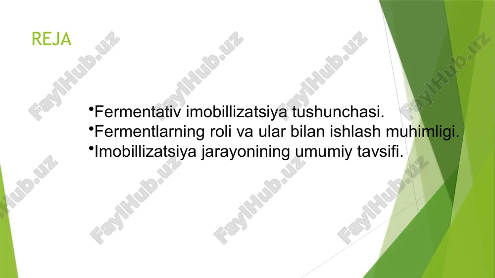 ga nisbatan kamroq sezgir bo'ladi va uzoq vaqt davomida faoliyat ko'rsatishi mumkin. kontrolli kataliz: fermentlarning faoliyatini nazorat qilish osonlashadi, chunki ularning faolligi va ishlash muddati uzaytiriladi. fermentlarni immobilizatsiya qilish usullari fizyologik (biologik) va kimyoviy usullar. fizikaviy usullar: adsorbsiyalash, mikro- va makrogeometriyani o'zgartirish. kimyoviy usullar: kovalent bog'lanish, ionli bog'lanish. fermentlarni immobilizatsiya qilish usullari fermentlarning faoliyatini uzoq muddat davomida saqlab qolish va qayta ishlashni ta'minlash uchun qo'llaniladigan turli xil texnologiyalarni o'z ichiga oladi. fermentlarni immobilizatsiya qilish jarayonida fermentlar harakatlanishdan cheklangan bo'lib, bu jarayonning bir nechta asosiy usullari mavjud. har bir usulning o'ziga xos afzalliklari va kamchiliklari bor. 1. fizikaviy usullar fizikaviy usullarda fermentlar o'z faoliyatini saqlab qolgan holda, tashqi kuchlar yordamida immobilizatsiya qilinadi. bu usullarni qo'llashda fermentning kimyoviy tarkibi yoki faoliyati deyarli o'zgarmaydi. asosiy fizikaviy usullar quyidagilar: a) adsorbtsiya tavsif: fermentlar tashqi substratlar (masalan, aktivlangan uglerod, silikagel yoki boshqa qattiq moddalar) yuzasiga jismoniy kuchlar yordamida yopishadi. bu usulda fermentlar kimyoviy bog'lanishga kirishmaydi. …
