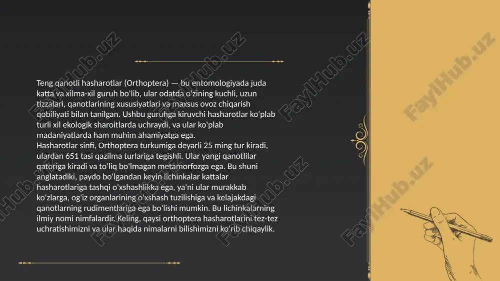 iyaning rivojlanish bosqichlari haqidagi malumotlar abdulaziz ... t.me/slaydai_bot chigirtkalar - caelifera turkumiga mansub boʻlgan hasharotlar guruhi. ular, ehtimol, 250 million yil avval erta trias davriga mansub o'txo'r hasharotlarning eng qadimgi tirik guruhidir. chigirtkalar, odatda, kuchli orqa oyoqlari boʻlgan yerda iste'qomat qiluvchi hasharotlar bo'lib, ularga kuchli sakrash orqali dushmanlardan qochishga imkon beradi. ularning old oyog'i qisqaroq va yemishni ushlash uchun ishlatiladi. hemimetabolous hasharotlar sifatida ular to'liq metamorfozga uchramaydilar; ular tuxumdan nimfa yoki "bunka" ga aylanadi, ular besh marta tanazzuldan o'tadi va har bir rivojlanish bosqichida kattalar hasharotiga o'xshash bo'ladi.[1] chigirtka qorin bo'shlig'ining ko'krak qafasiga biriktirilgan birinchi segmentida joylashgan timpanal organ orqali eshitadi; uning ko'rish hissi qo'shma ko'zlarda bo'lsa, yorug'lik intensivligining o'zgarishi boshqa ko'zlarda (ocelli) seziladi. populyatsiyaning yuqori zichligida va ma'lum ekologik holatlarda ba'zi chigirtka turlari rangi va xatti-harakatlarini o'zgartirib, jamoalarini hosil qilishi mumkin. bunday sharoitda ular chigirtkalar deb yuritiladi. ... t.me/slaydai_bot ... t.me/slaydai_bot qandalalar (lotincha: heteroptera), asl yarimqattiqqanotlilar — chala oʻzgarish …